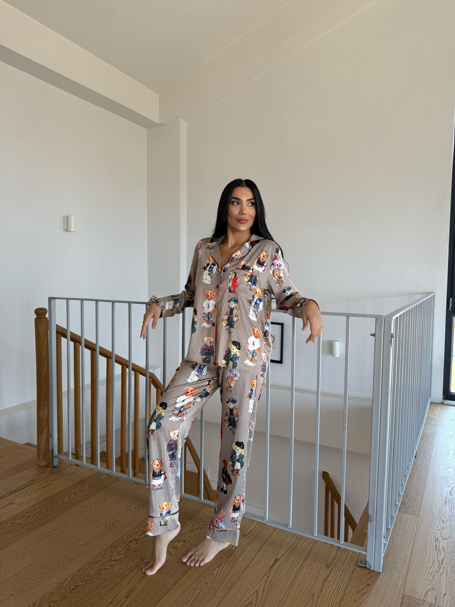 POLO Lastik Bel Kahve Çizgili Ayıcık Uzun Kollu Saten Pijama 0074
