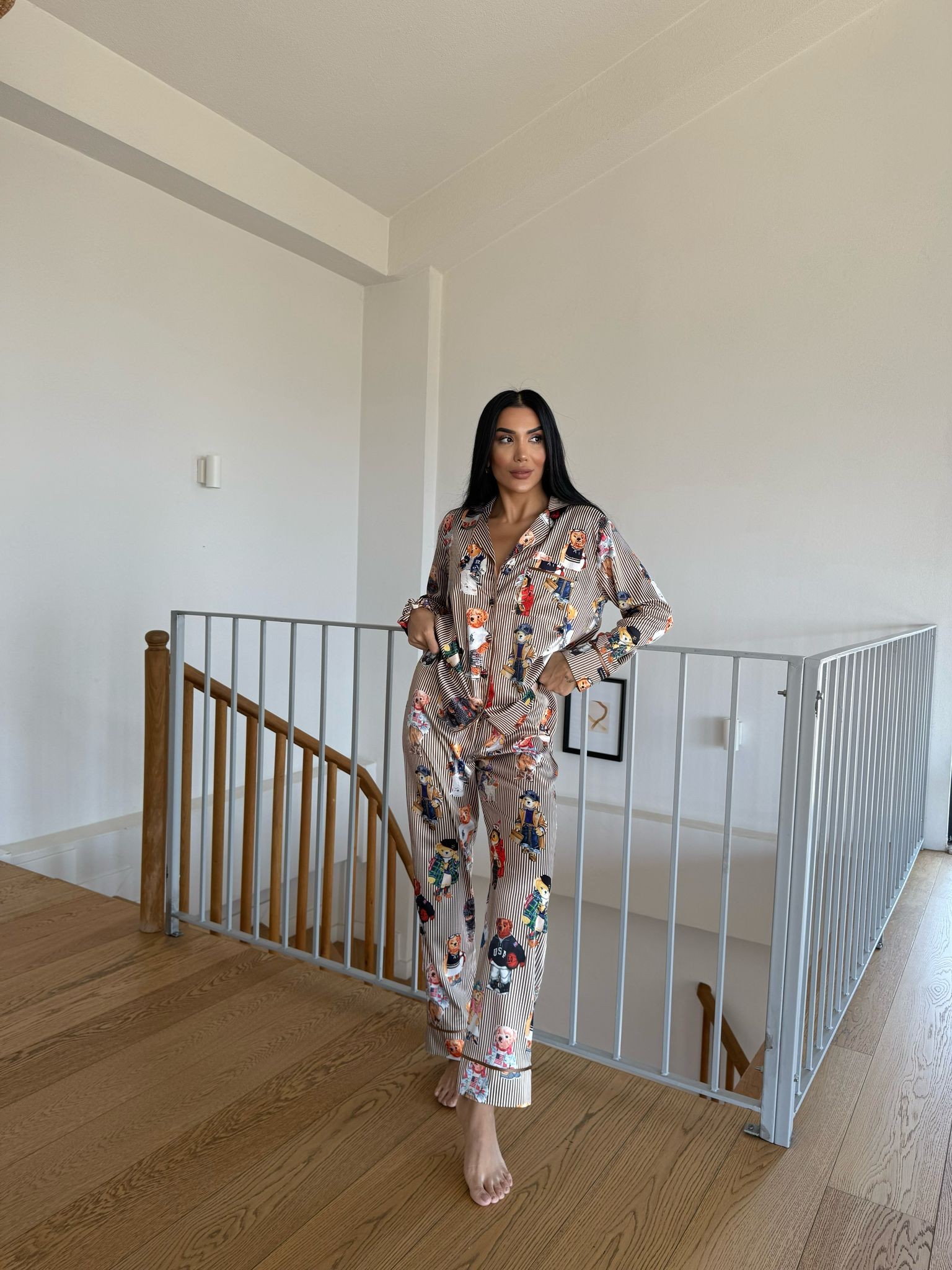 POLO Lastik Bel Kahve Çizgili Ayıcık Uzun Kollu Saten Pijama 0074