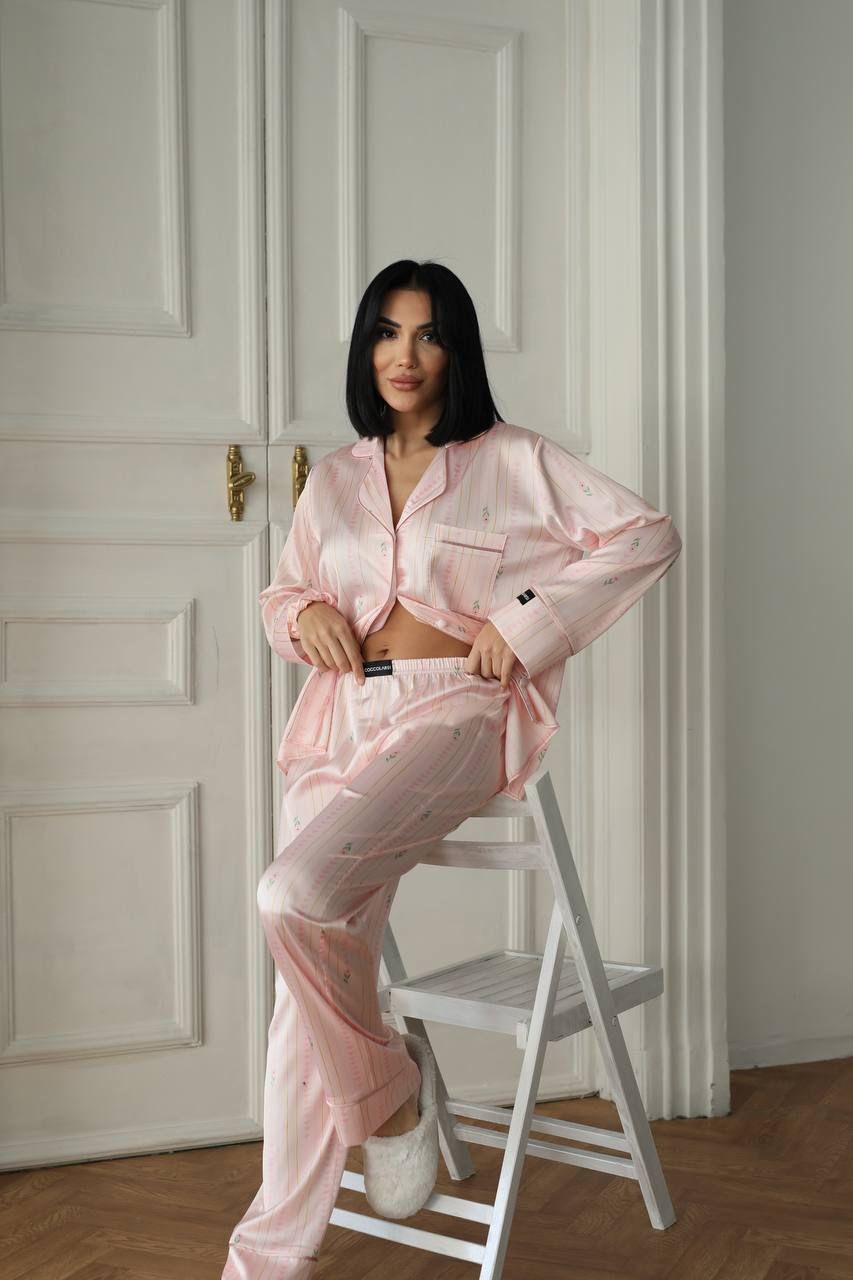 Berhani Saten Kadın Pijama Takımı Pembe Çizgili