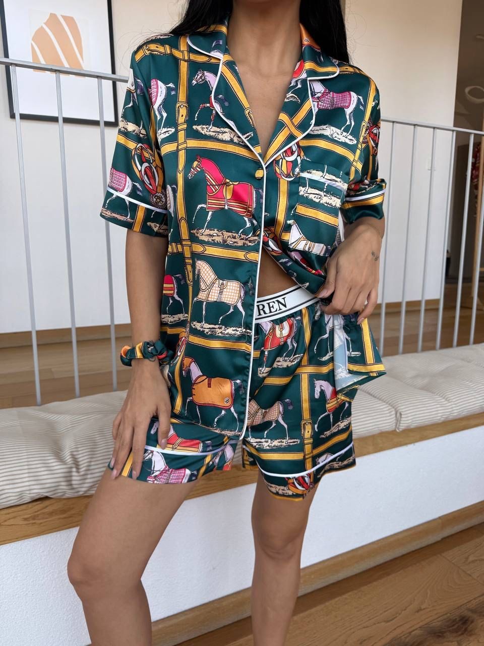 POLO Cep Detaylı Yeşil Saten Kısa Kollu Pijama 0057