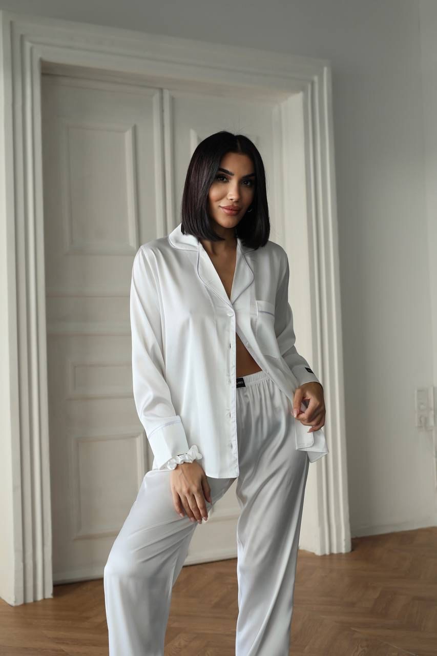 BERHANİ Beyaz Düz Uzun Kollu Saten Pijama 1654