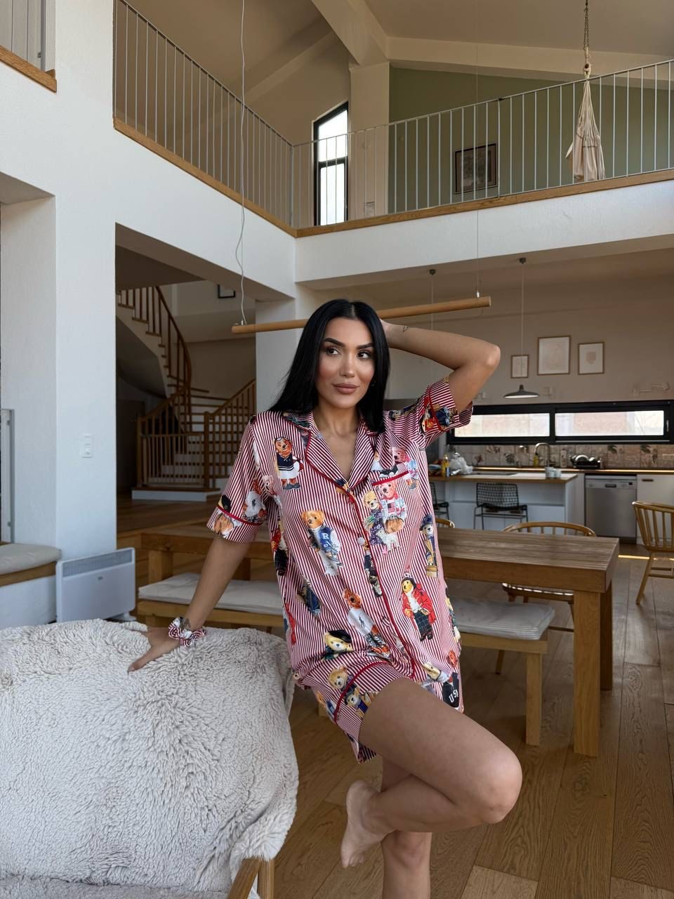 POLO Lastik Bel Bordo Çizgili Ayıcık Kısa Kollu Saten Pijama 0063
