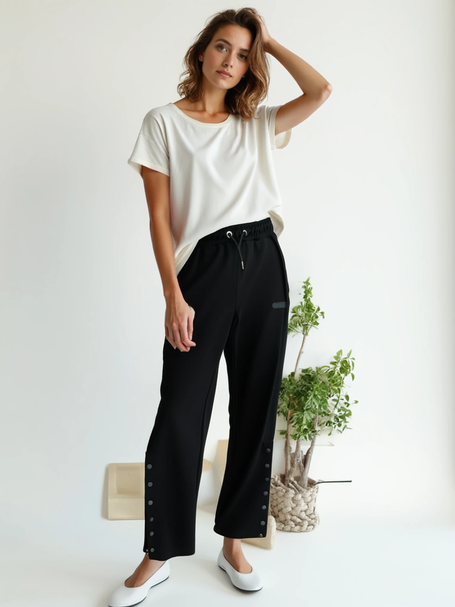 Berhani Pike Kumaş Paça Çıt Çıt Detaylı Siyah Kadın Eşofman Altı BRH01