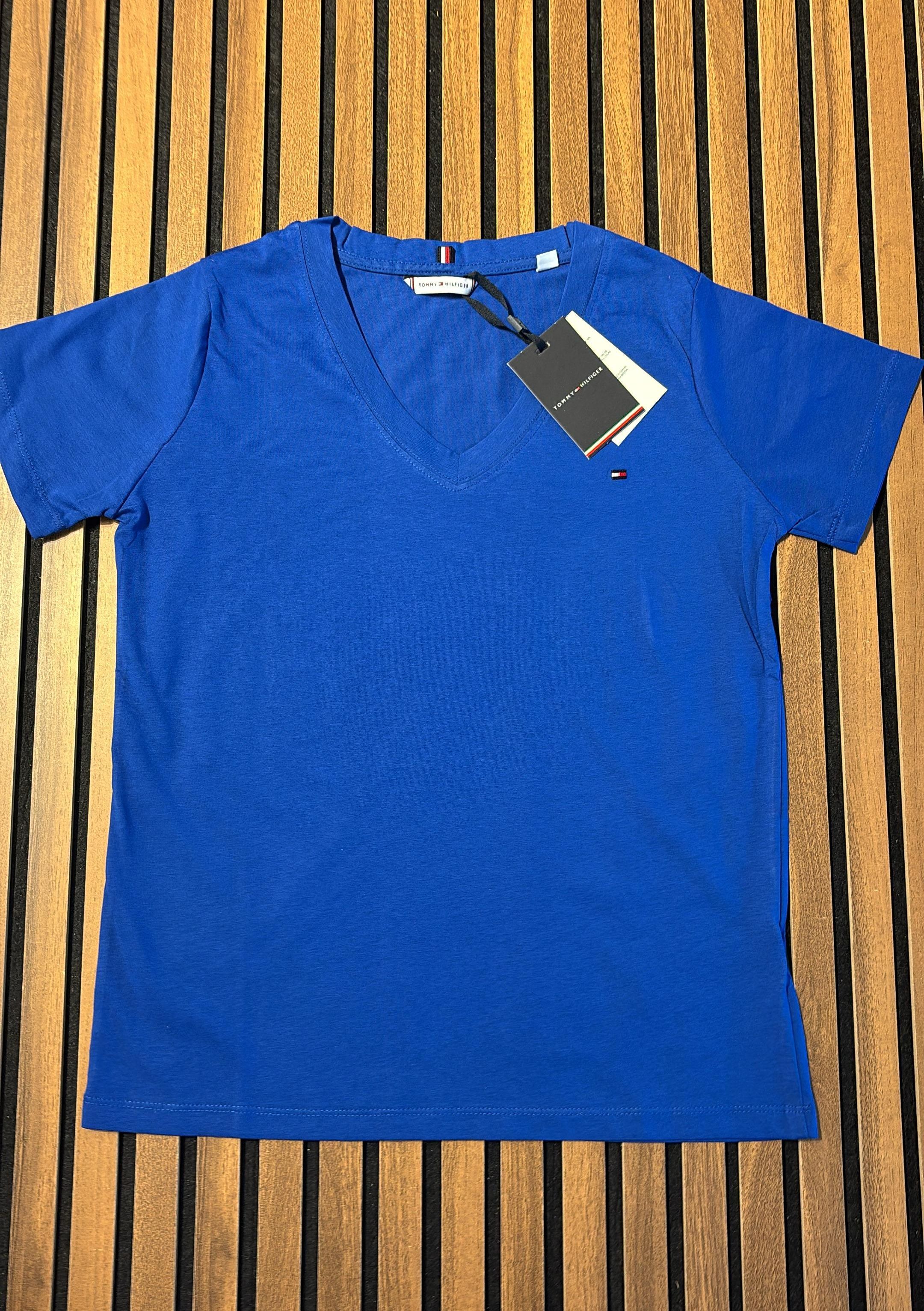 TOMMY HILFIGER V Yaka Mavi Kadın T-Shirt 2559-2