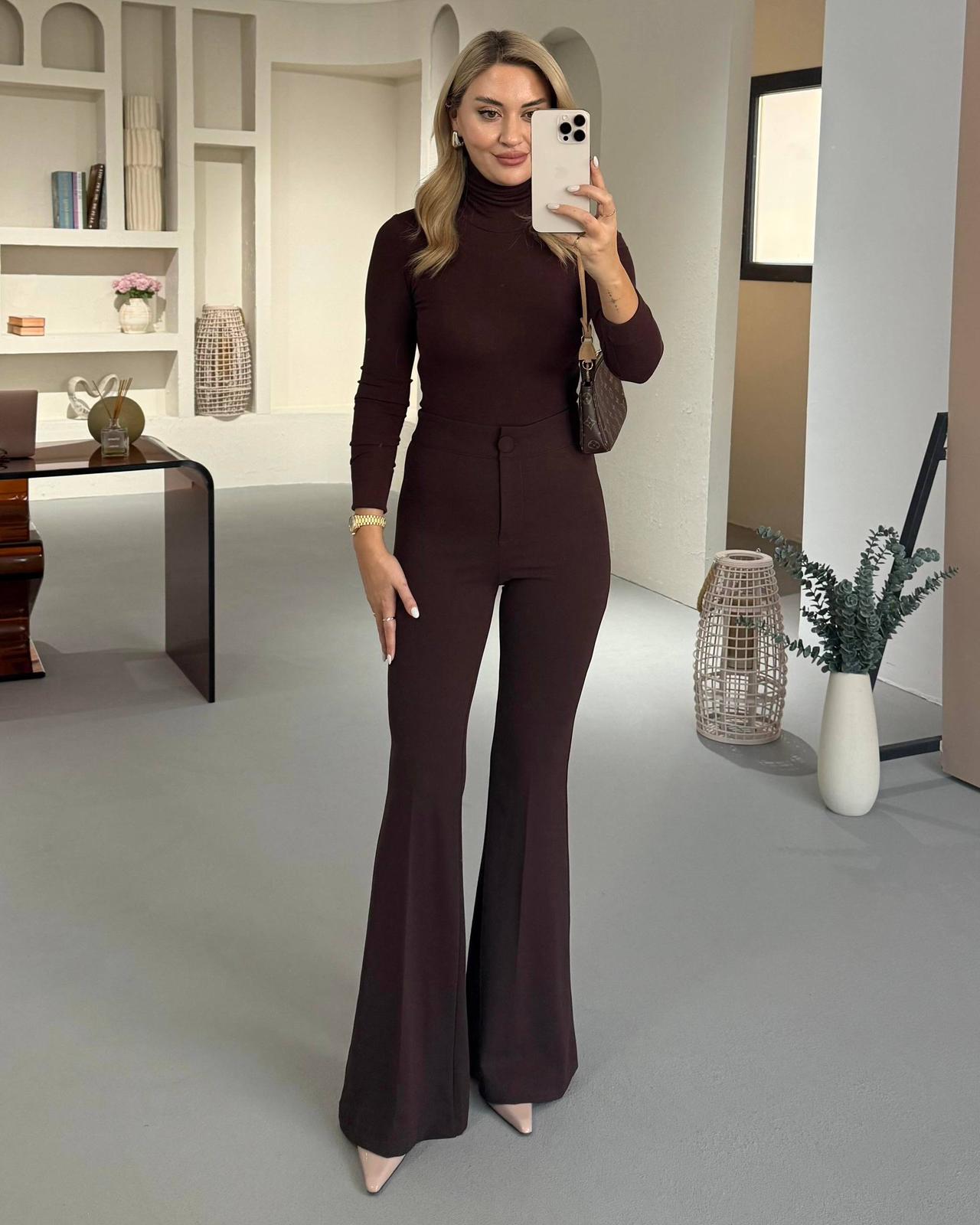 Berhani Düğmeli Kahverengi İspanyol Paça Kadın Pantolon 9029