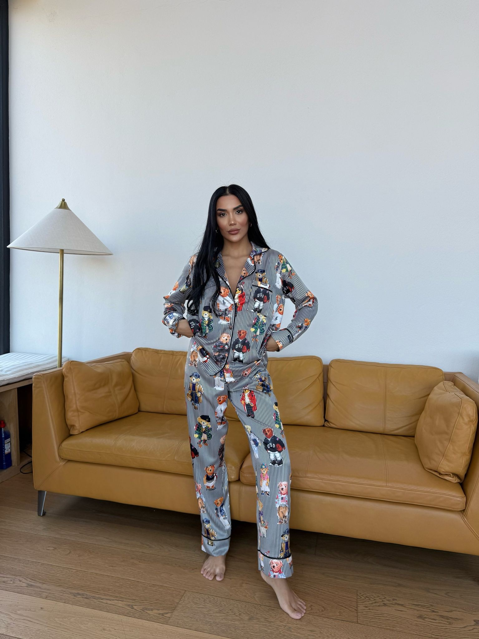 POLO Lastik Bel Siyah Çizgili Ayıcık Uzun Kollu Saten Pijama 0073