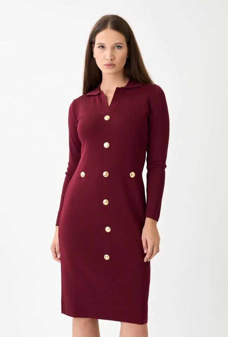 Berhani Düğme Detay Bordo Kadın Elbise 130B
