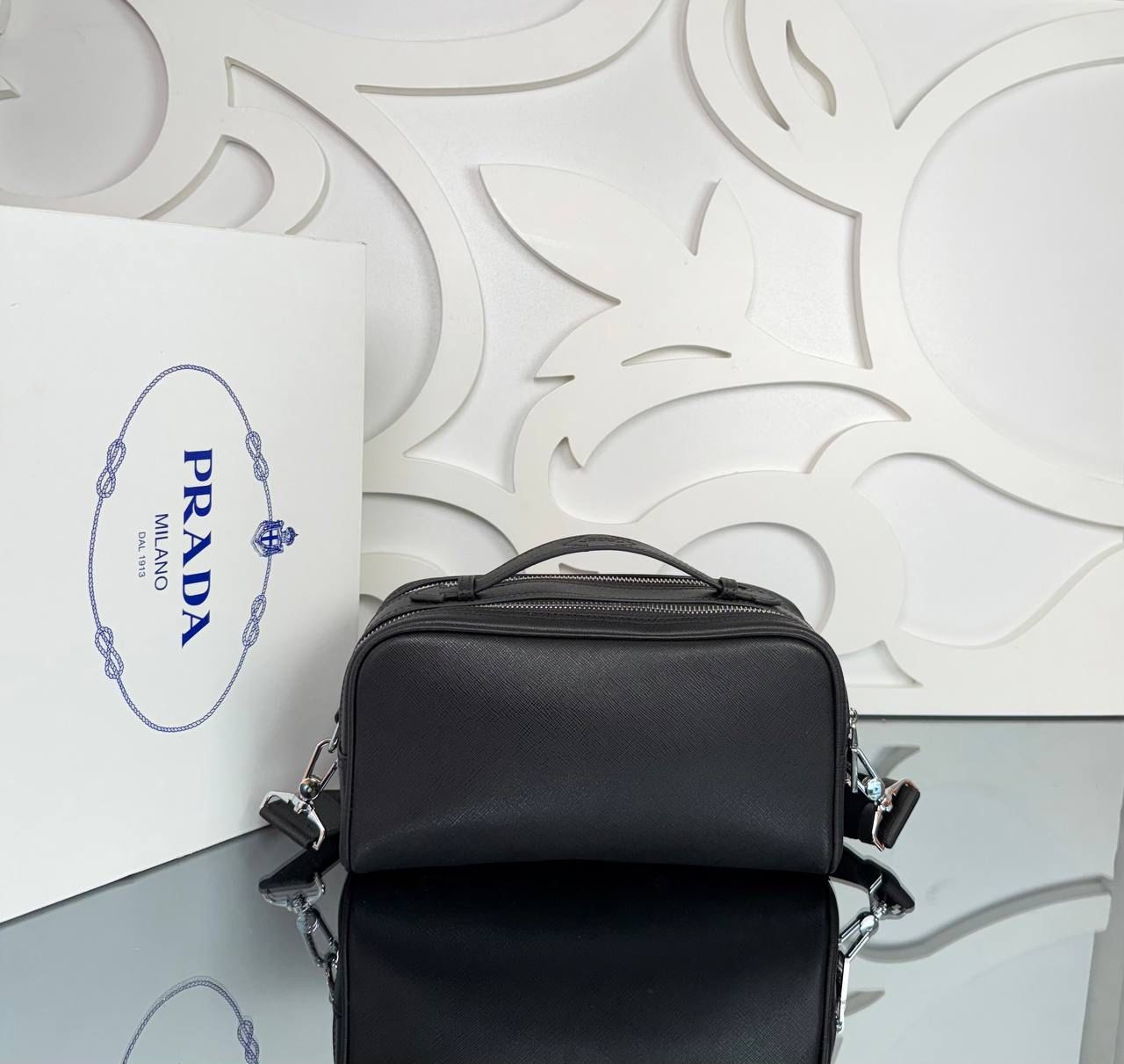 Prada Saffiano Leather Double Zipper Shoulder Bag  26x15 cm 