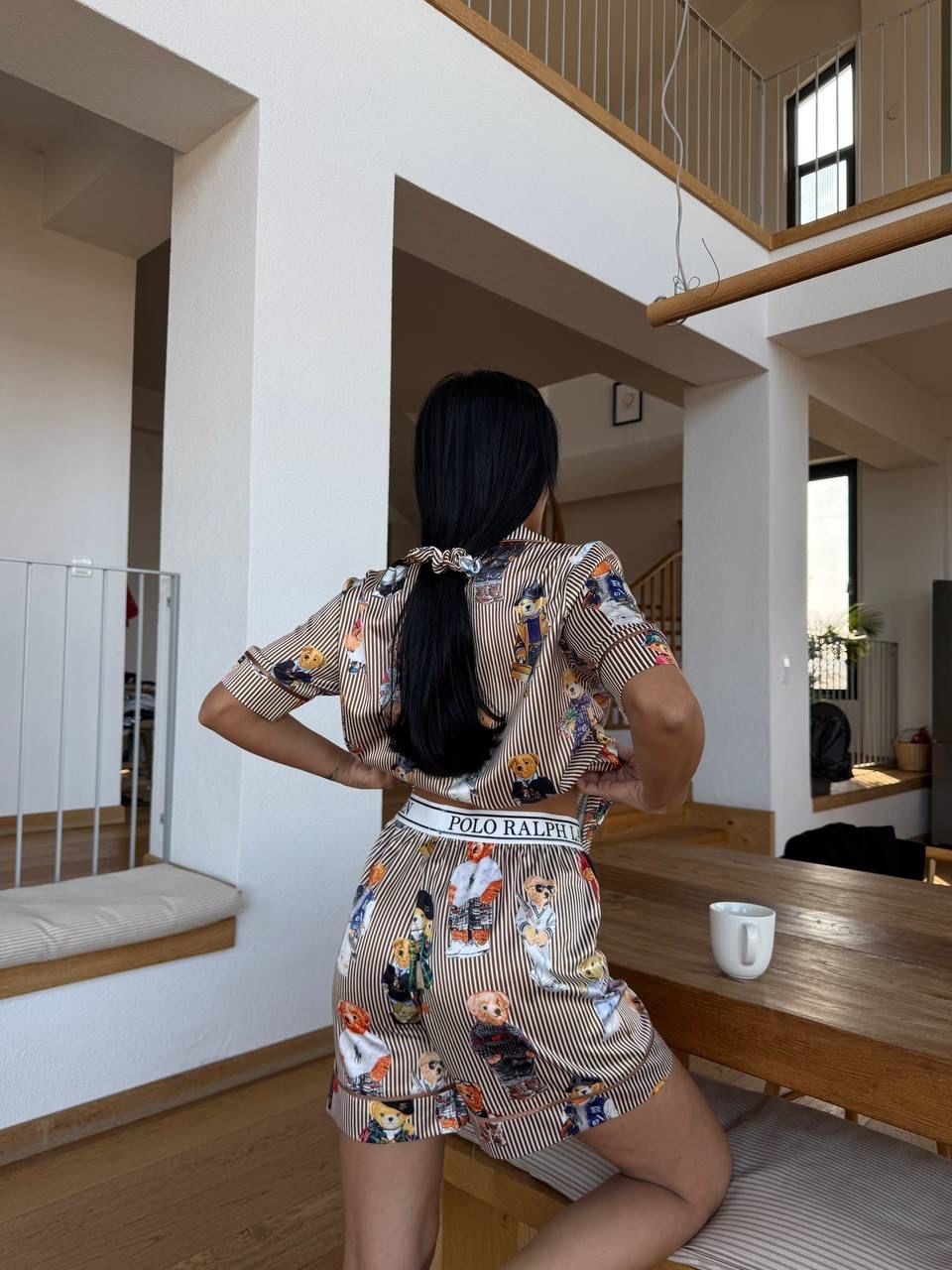 POLO Lastik Bel Kahve Çizgili Ayıcık Kısa Kollu Saten Pijama 0065