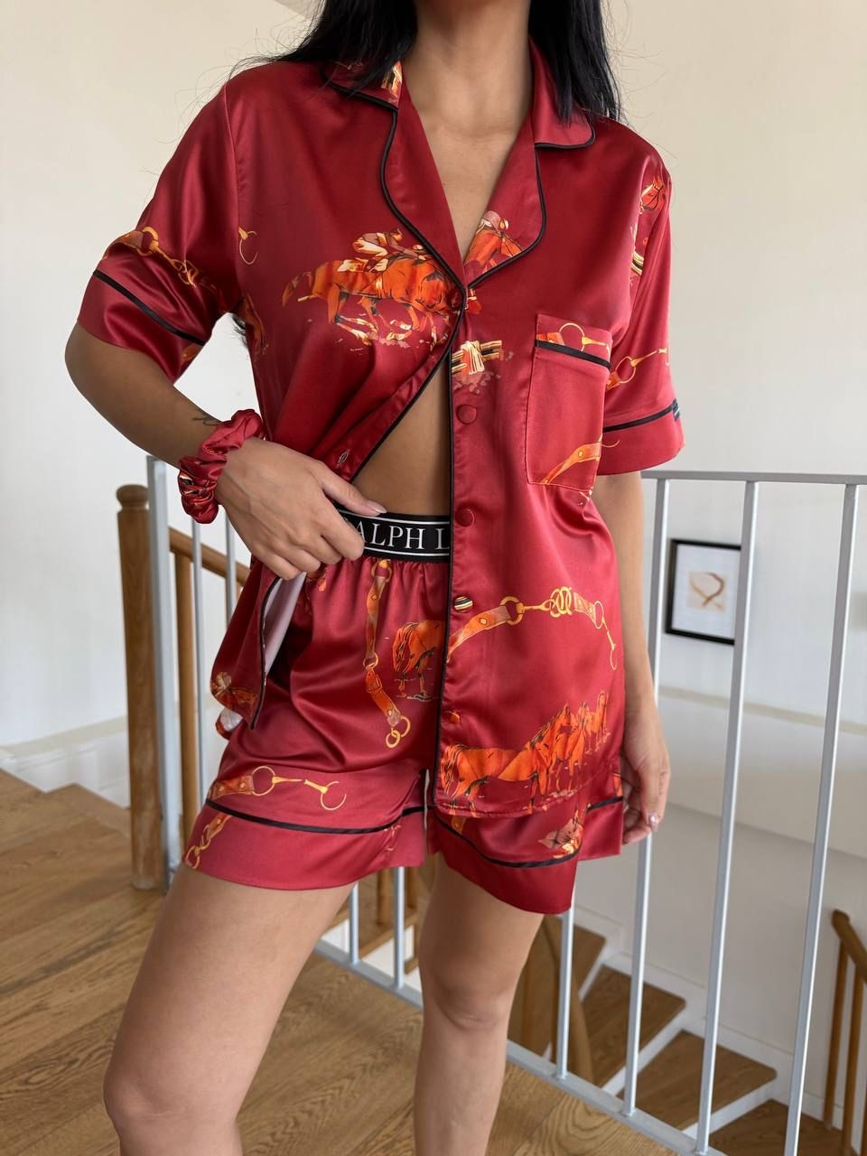 POLO Jokey Lastik Bel Bordo Kısa Kollu Saten Pijama 0061