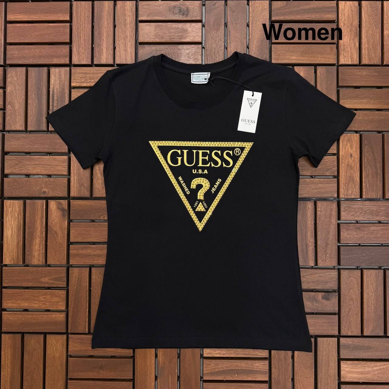 Guess Taş Detaylı Siyah Kadın T-Shirt BES202