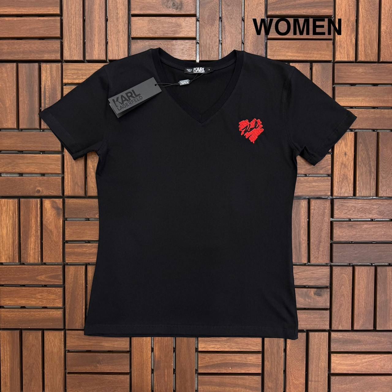 KARL Nakış Detaylı V Yaka Siyah Kadın T-Shirt BES182