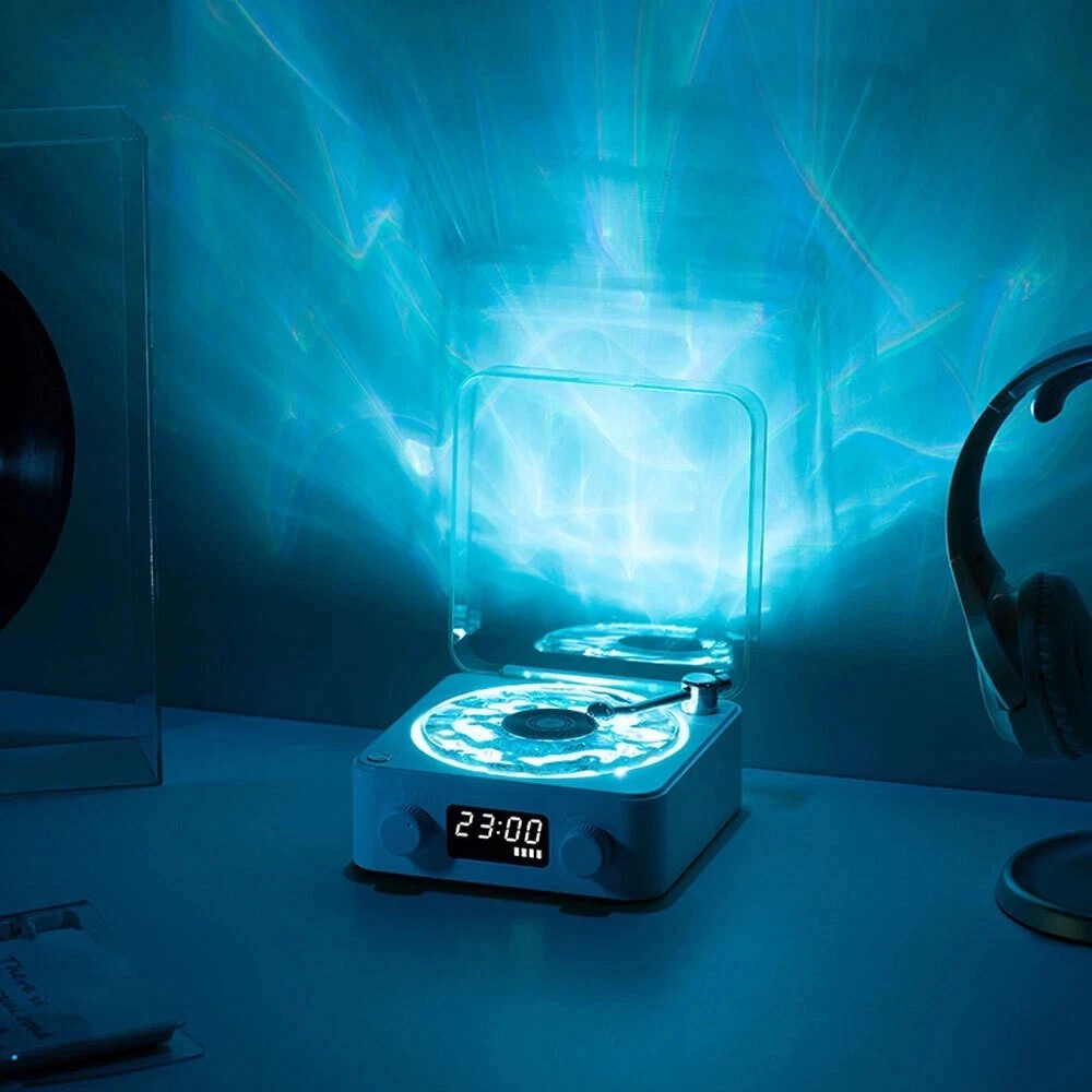 Waves Vintage Vinil Beyaz Plak Çalar Ayarlanabilir Işıklı Bluetooth Hoparlör 
