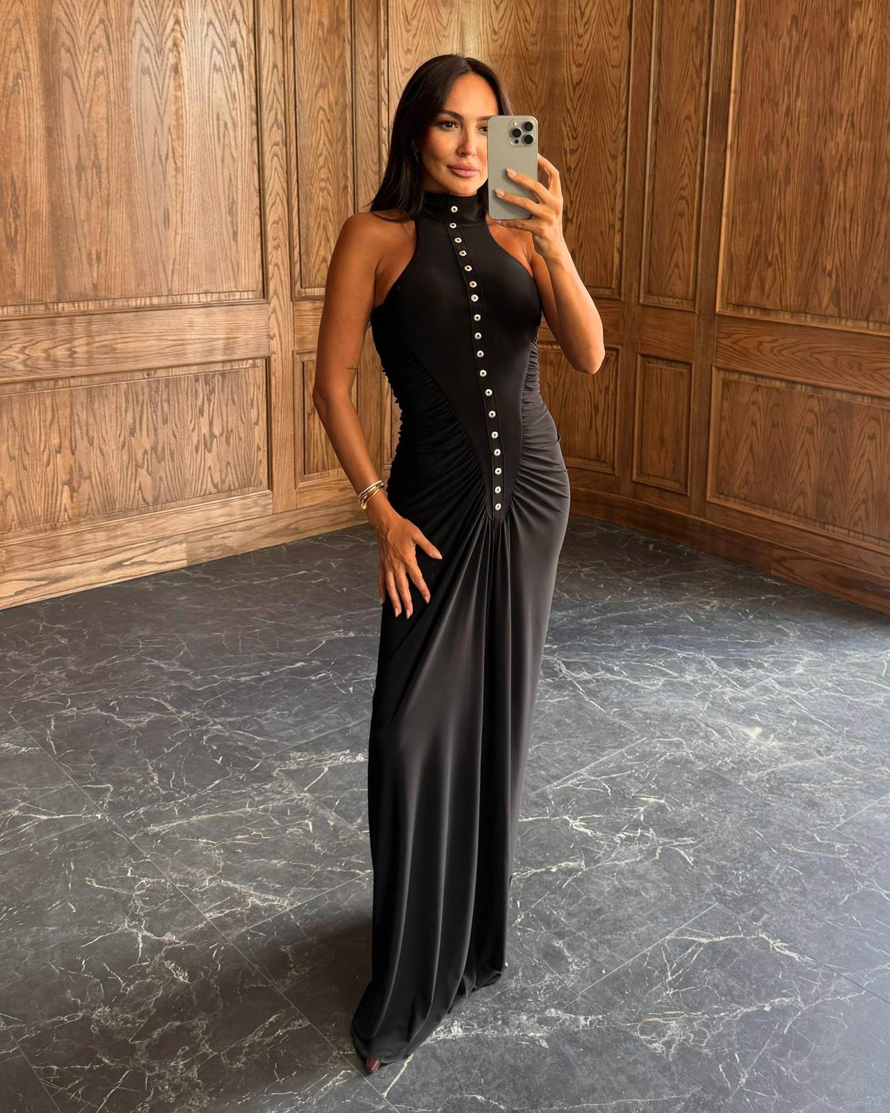 Berhani Güğmeli Drapeli Halter Yaka Kahve Kadın Elbise 1221