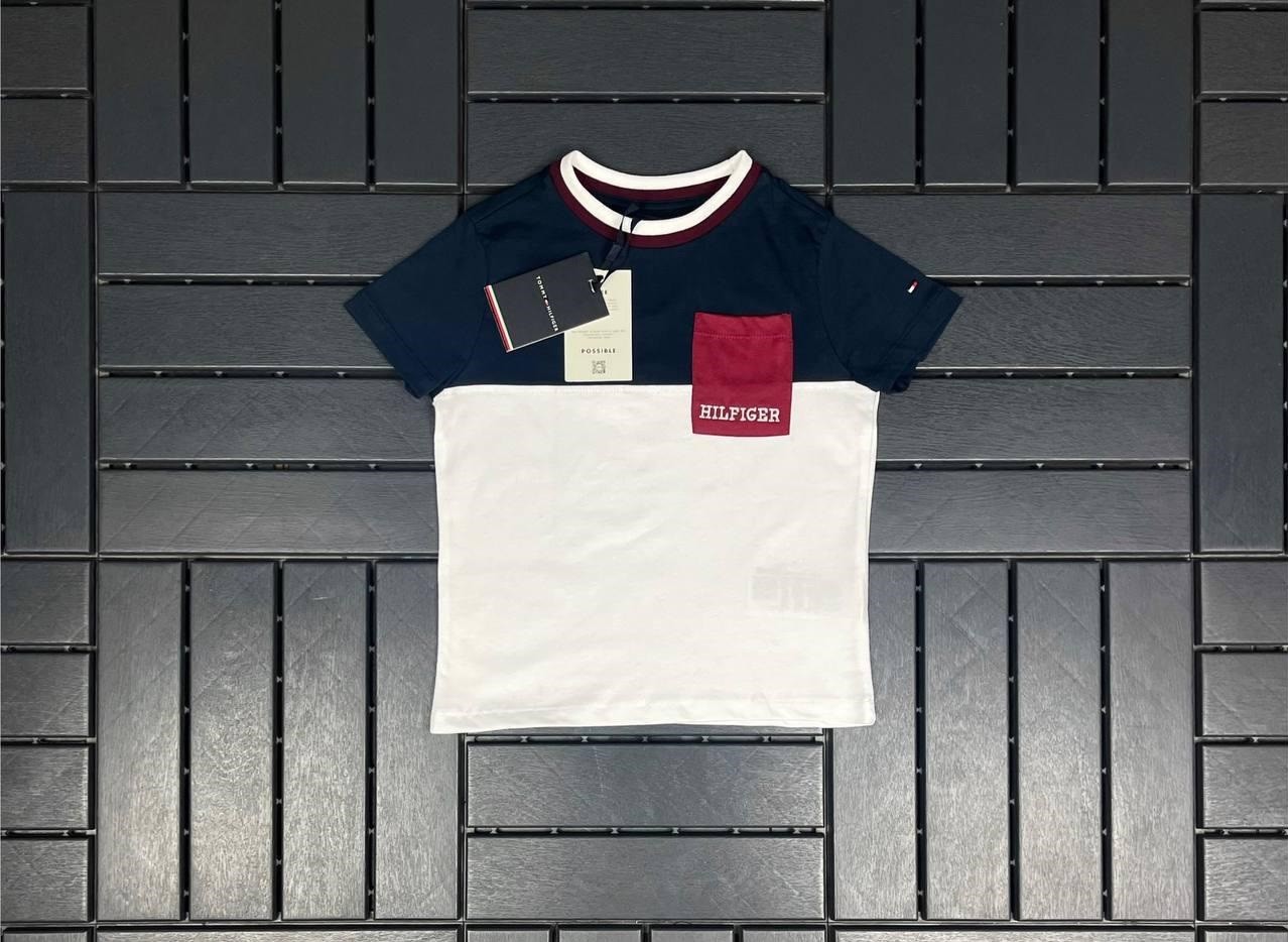 TOMMY HILFIGER Bordo Cep Detaylı Siyah-Beyaz Çocuk T-Shirt 81008