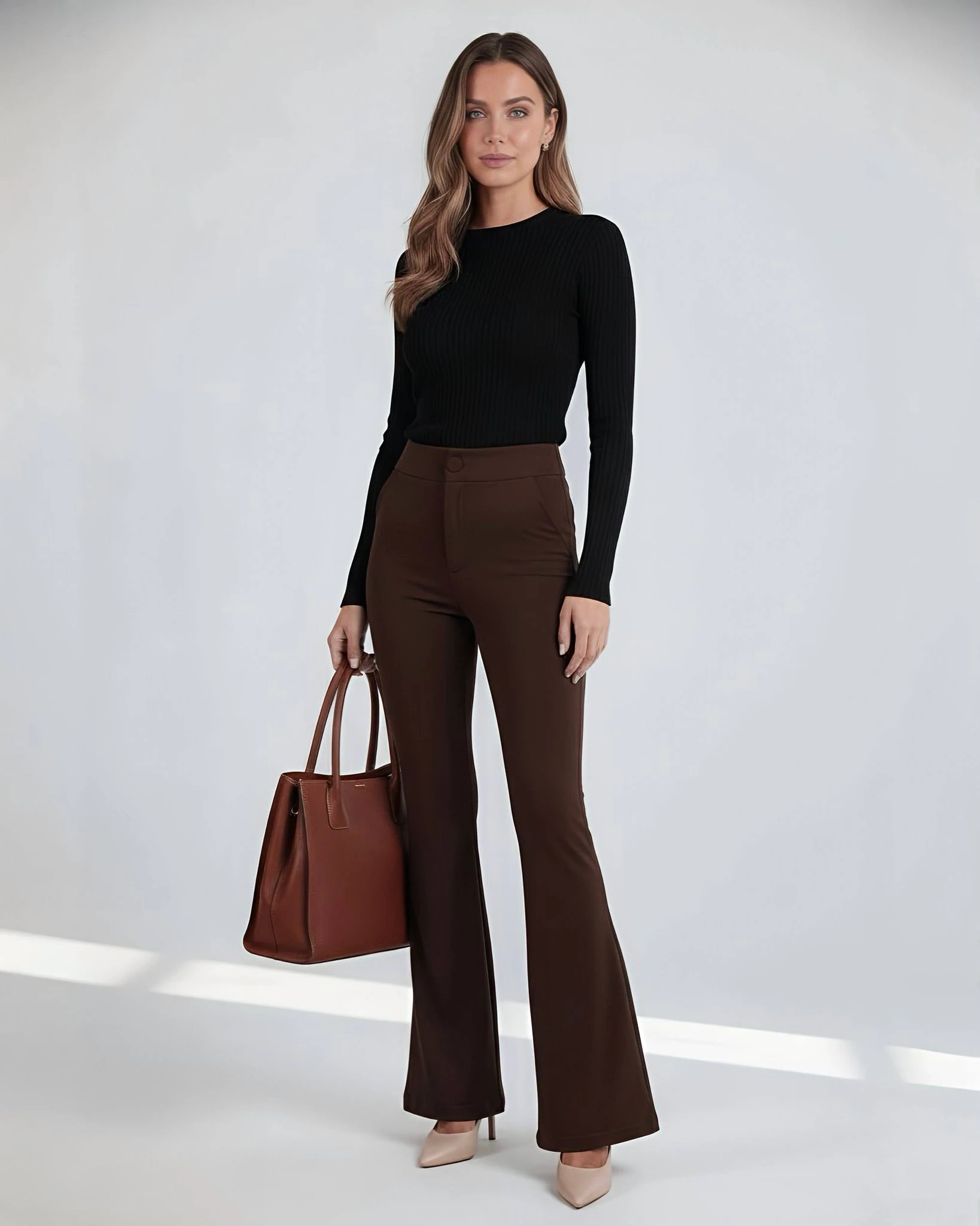 Berhani Düğmeli Kahverengi İspanyol Paça Kadın Pantolon 9029