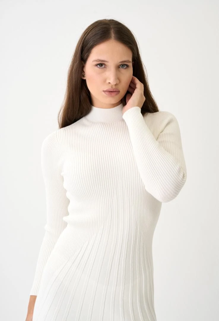 Berhani Fitilli Desen Ekru Kadın Triko Elbise 274B