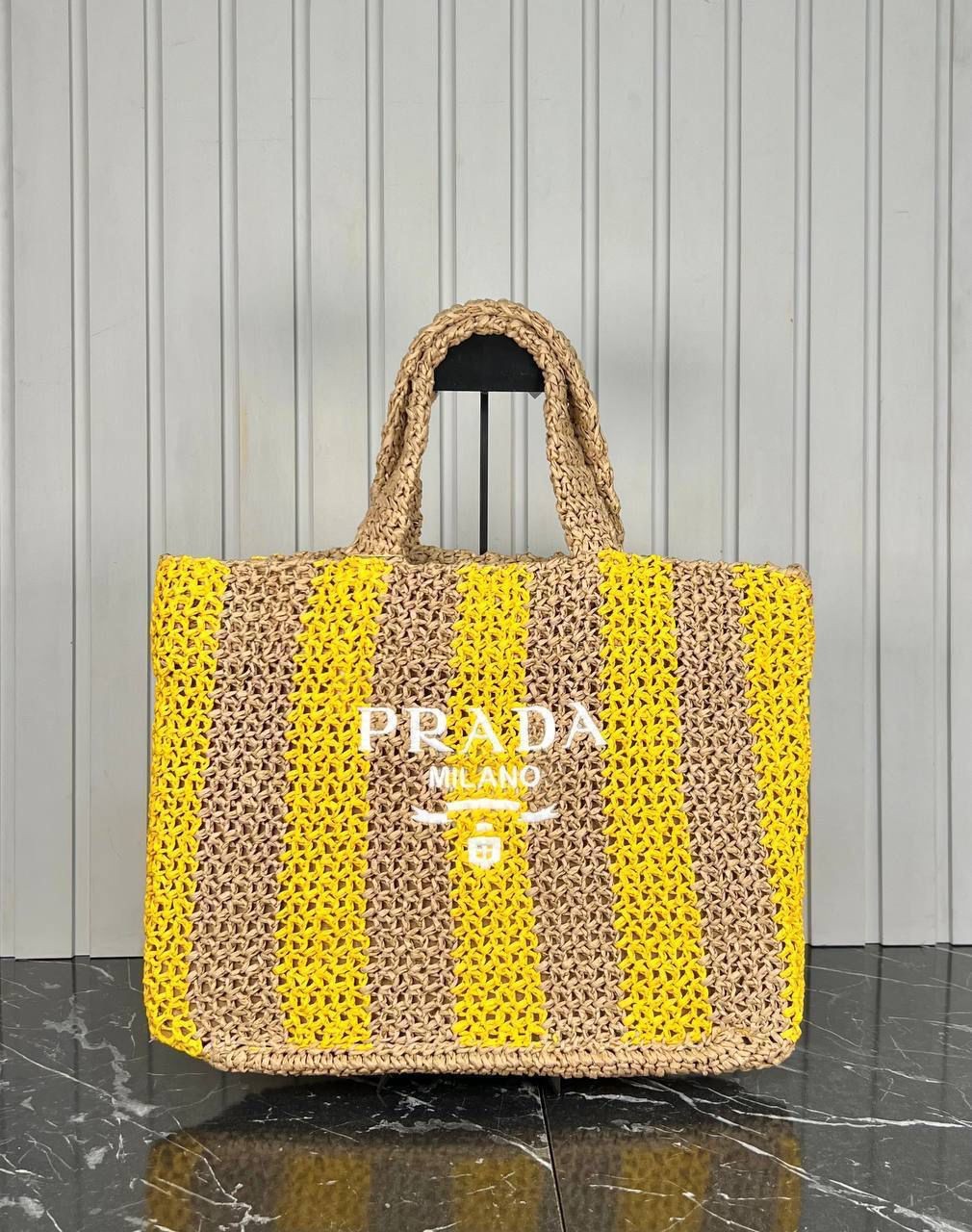Prada Sarı Detaylı Raffia Tote Bag 46x34 cm