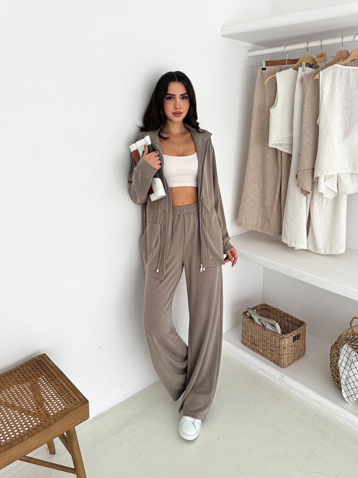 Berhani Modal Kumaş Fermuarlı Bej Kadın Takım YKM31179