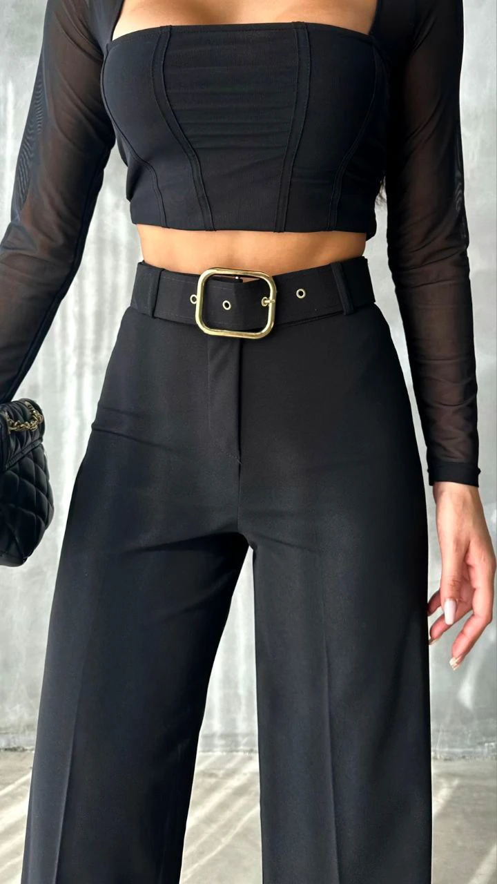 Berhani Likralı Bol Paça Palazzo Siyah Kadın Pantolon 9010