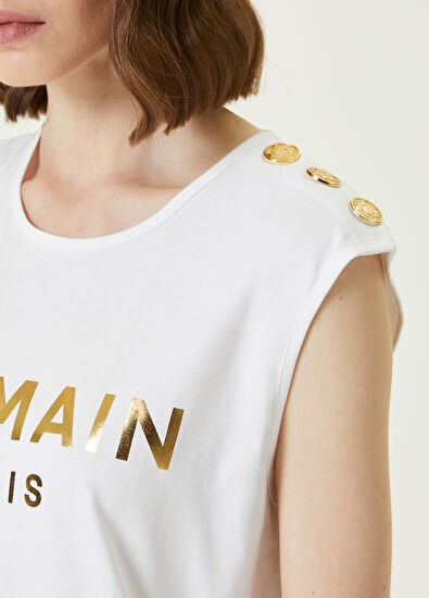 BALMAIN Logo Detaylı Sıfır Kol Beyaz Kadın T-Shirt 318