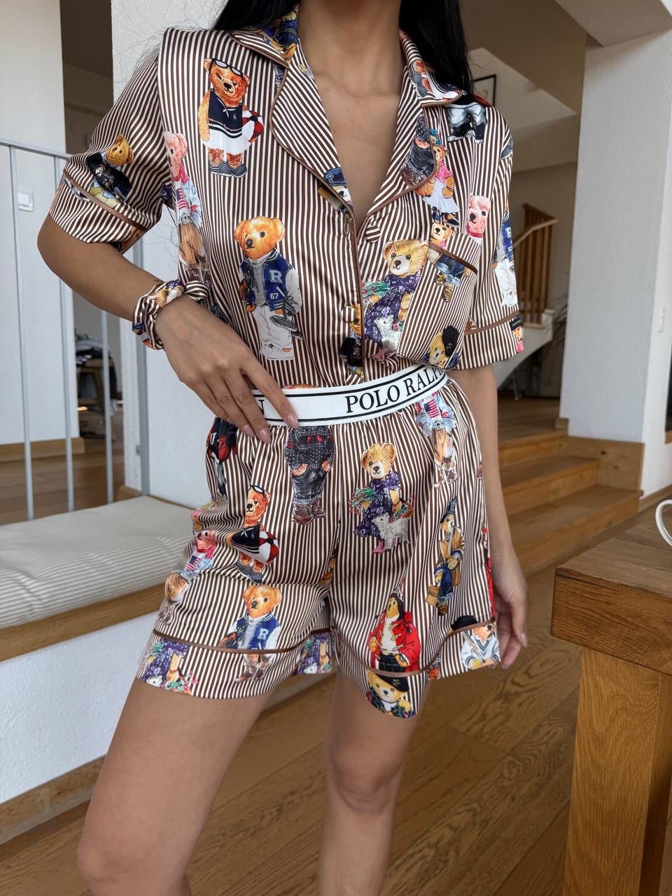 POLO Lastik Bel Kahve Çizgili Ayıcık Kısa Kollu Saten Pijama 0065