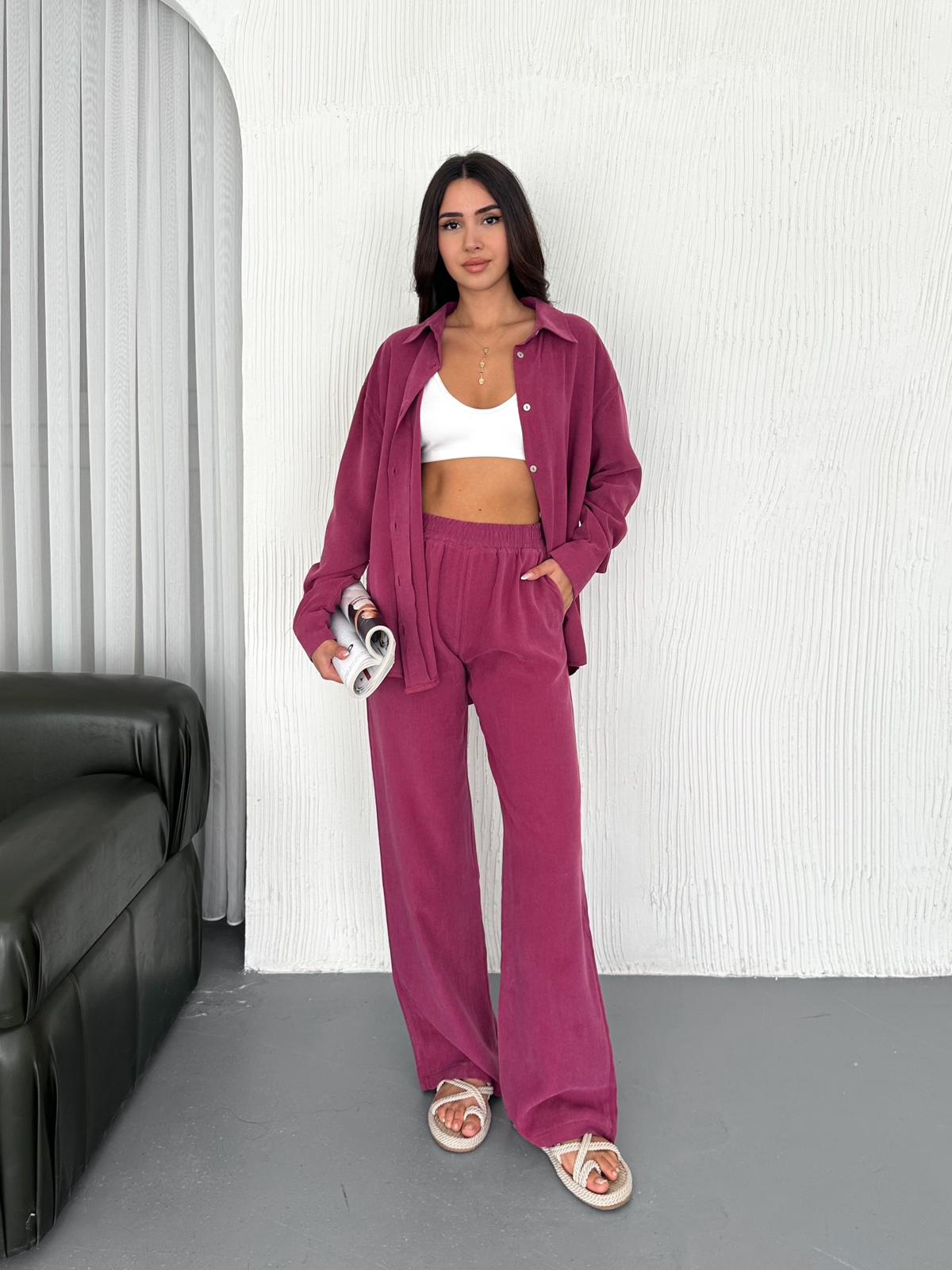 Berhani Düğmeli Bordo Kadın Takım YKM31118