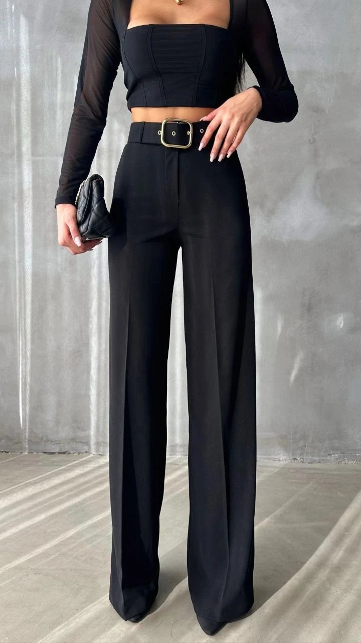 Berhani Likralı Bol Paça Palazzo Siyah Kadın Pantolon 9010