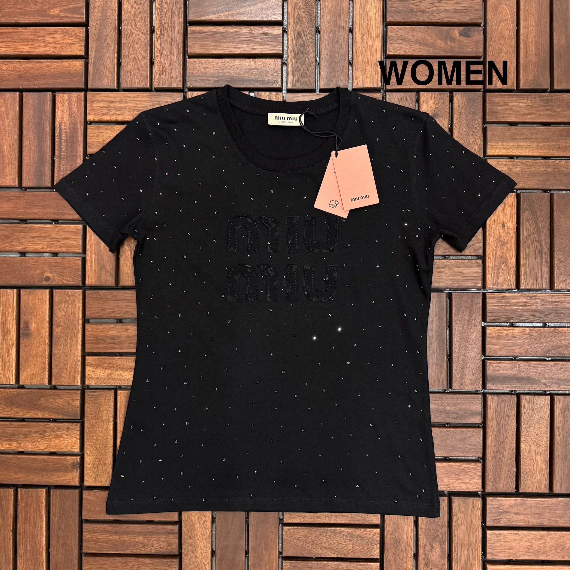 MIU MIU Boncuk İşlemeli Siyah Kadın T-Shirt B03