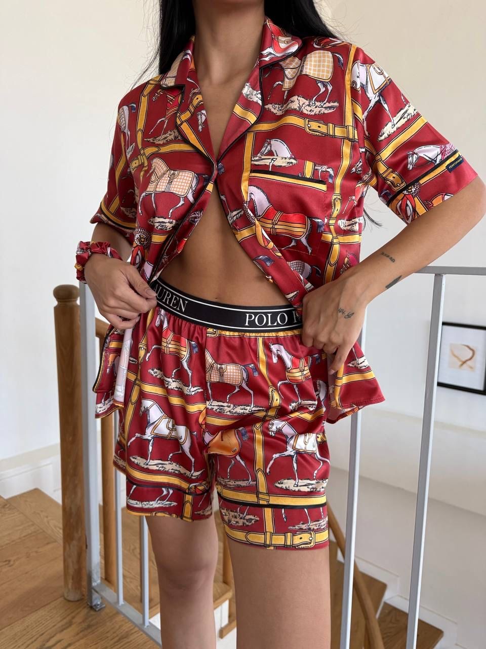 POLO Cep Detaylı Bordo Saten Kısa Kollu Pijama 0058