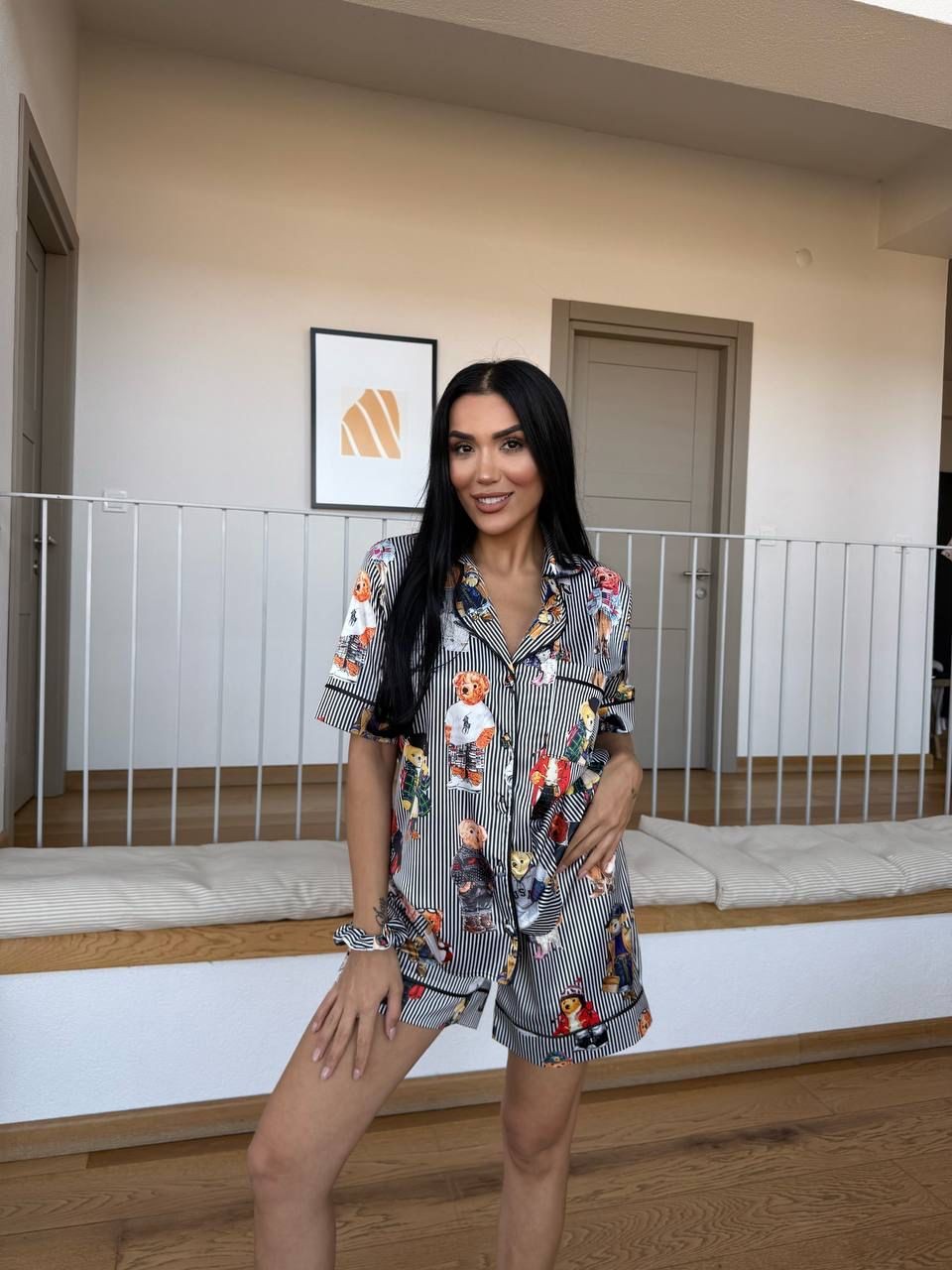 POLO Lastik Bel Siyah Çizgili Ayıcık Kısa Kollu Saten Pijama 0064