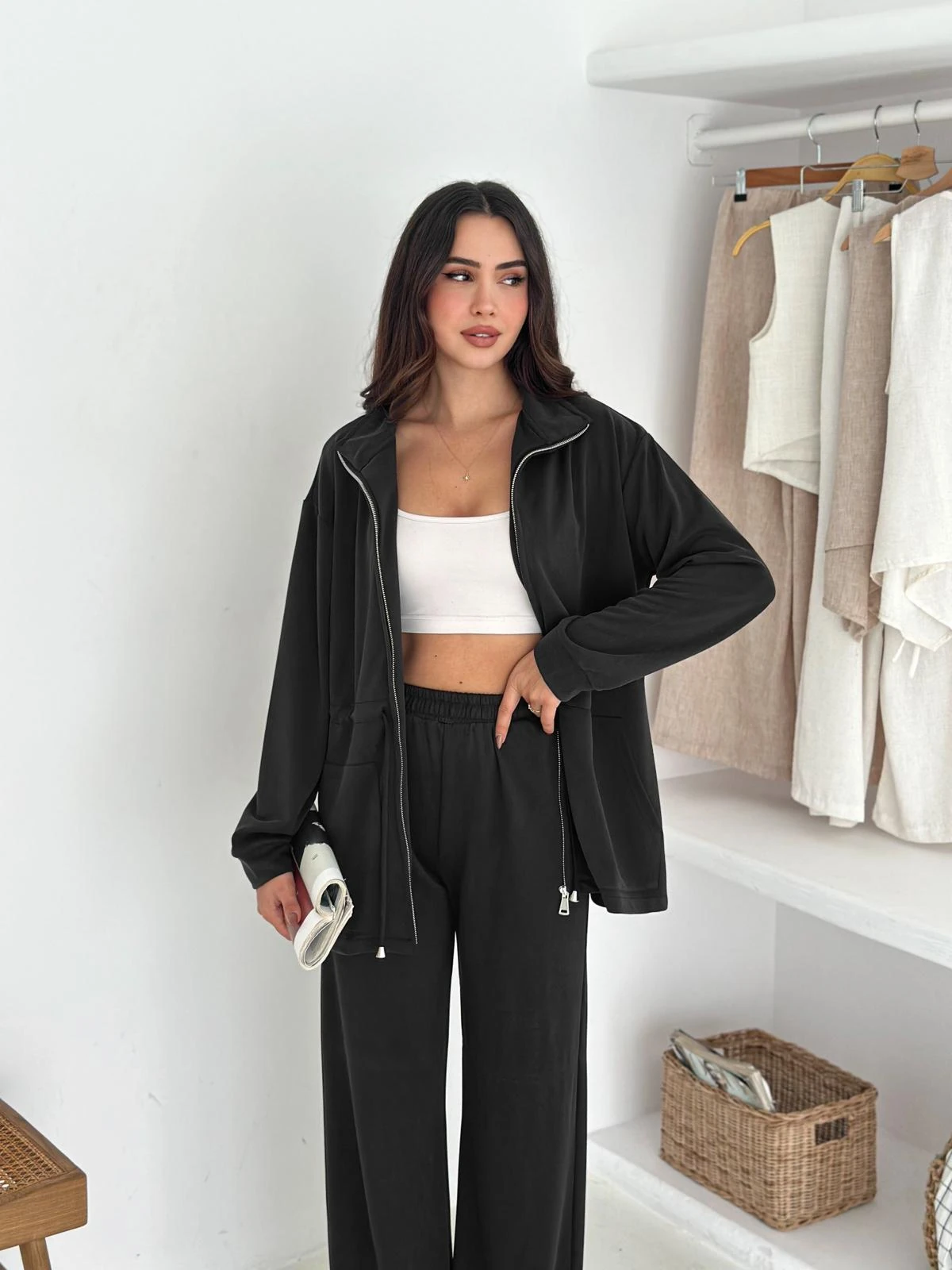 Berhani Modal Kumaş Fermuarlı Siyah Kadın Takım YKM31179