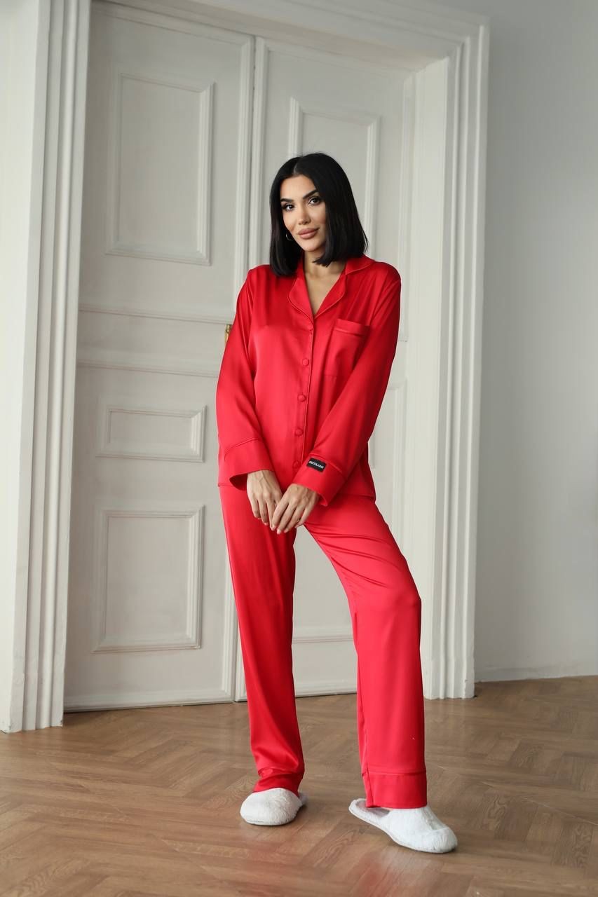 BERHANİ Kırmızı Düz Uzun Kollu Saten Pijama 1491