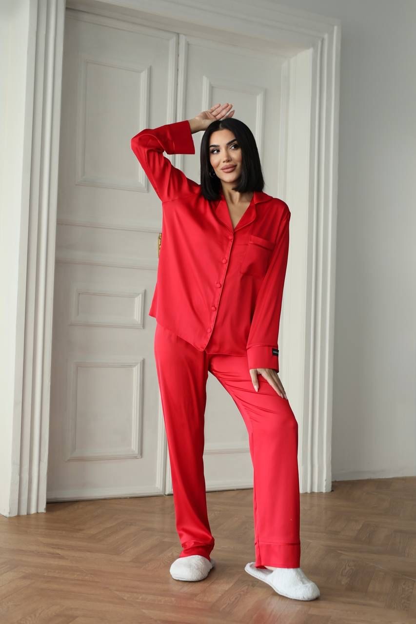 BERHANİ Kırmızı Düz Uzun Kollu Saten Pijama 1491