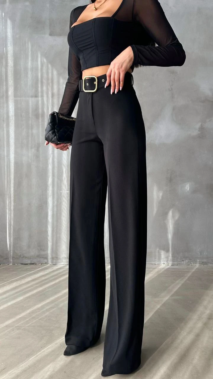 Berhani Likralı Bol Paça Palazzo Siyah Kadın Pantolon 9010