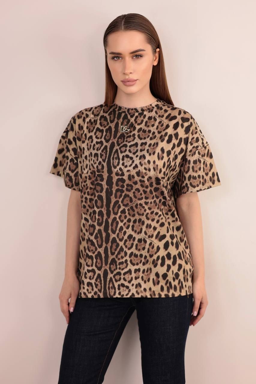 DOLCE GABBANA Leopar Desenli ve Metal Detaylı Kadın T-Shirt 40575