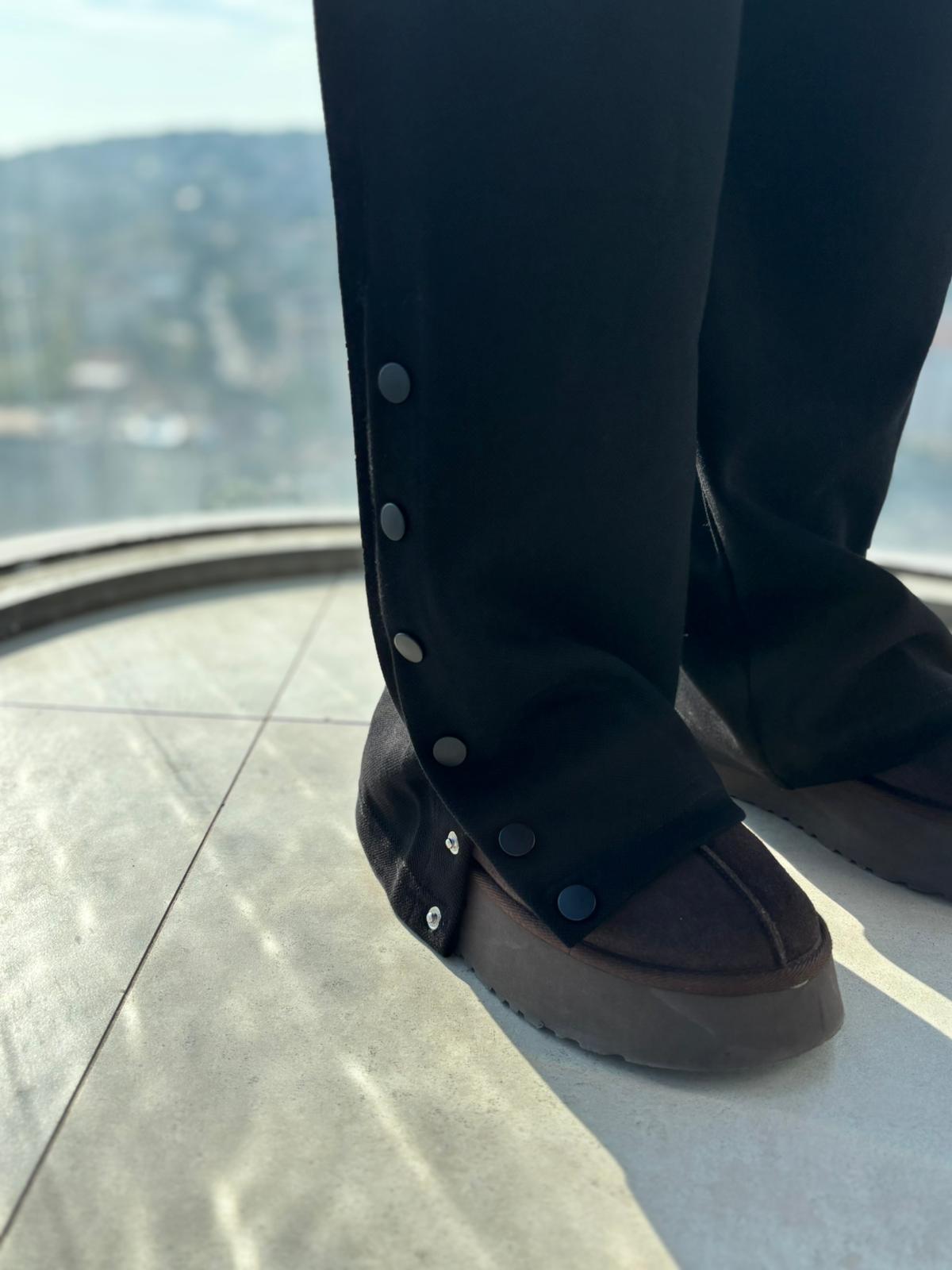 Berhani Pike Kumaş Paça Çıt Çıt Detaylı Siyah Kadın Eşofman Altı BRH01