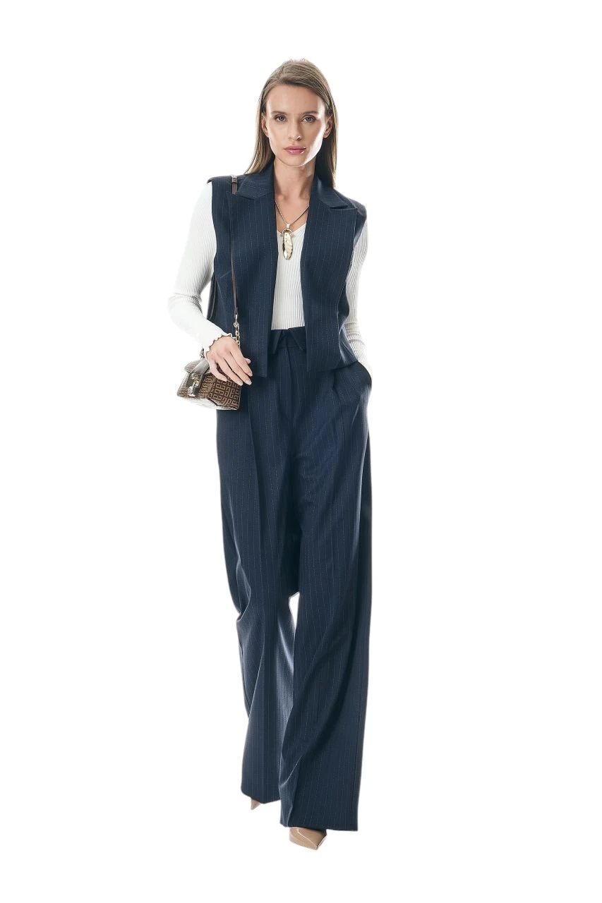 Berhani Çizgili Lacivert Kadın Yelekli Takım 62498