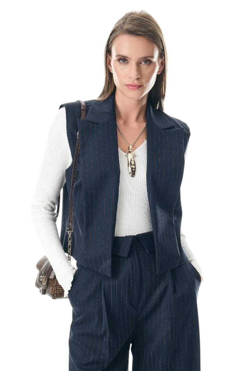 Berhani Çizgili Lacivert Kadın Yelekli Takım 62498