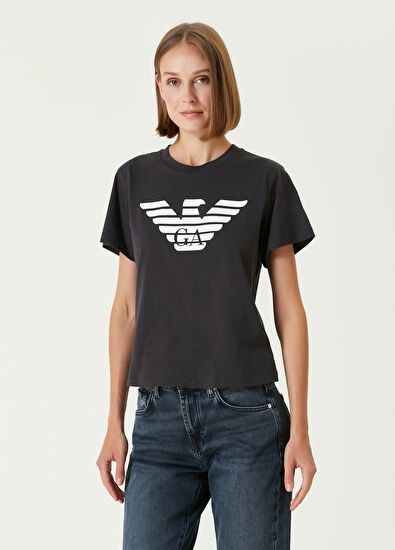 ARMANI Logo Baskılı Siyah Kadın T-Shirt 352