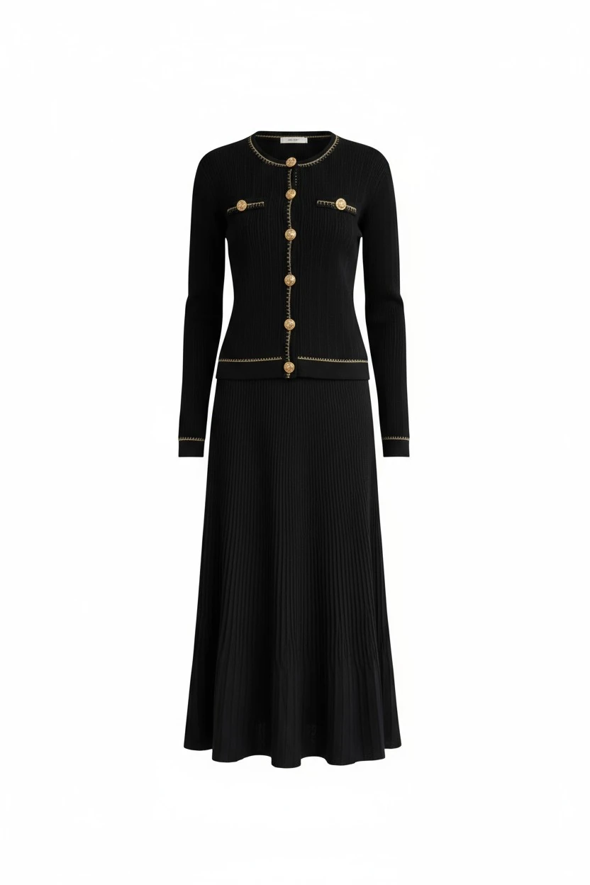 Berhani Gold Düğmeli Etekli Siyah Kadın Takım 260B