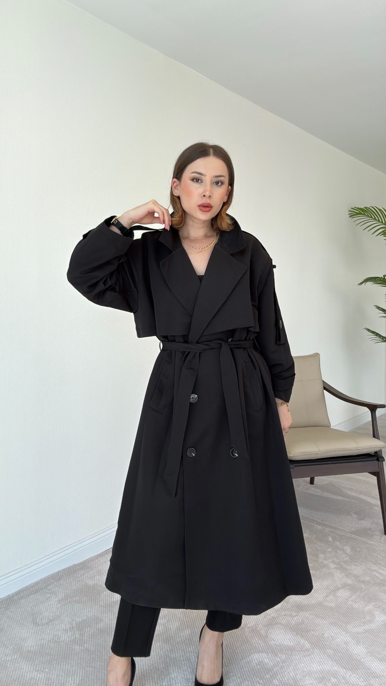 Premium Astarlı Oversize Trench Kot - SİYAH