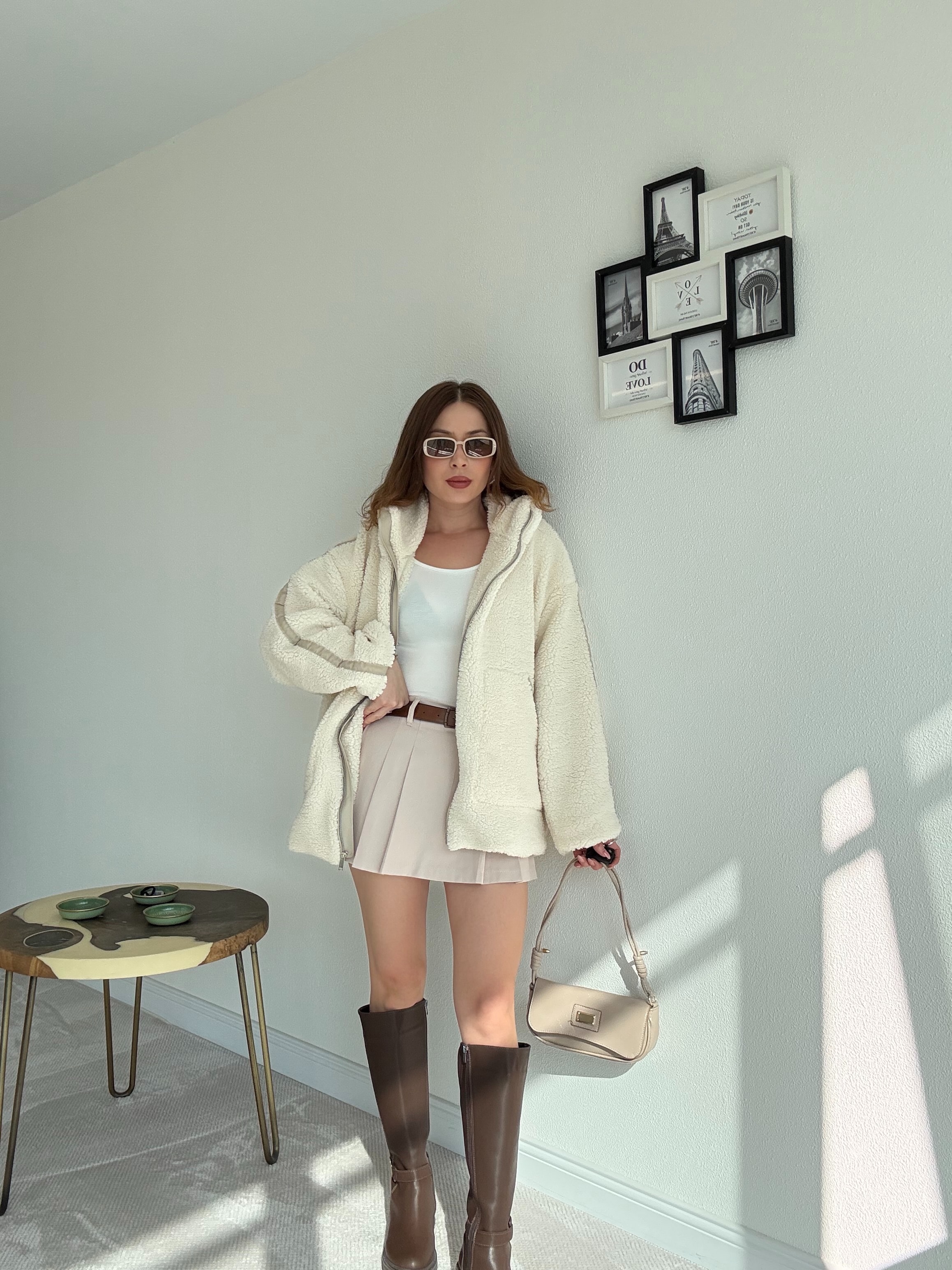 Oversize Peluş Mont - EKRU