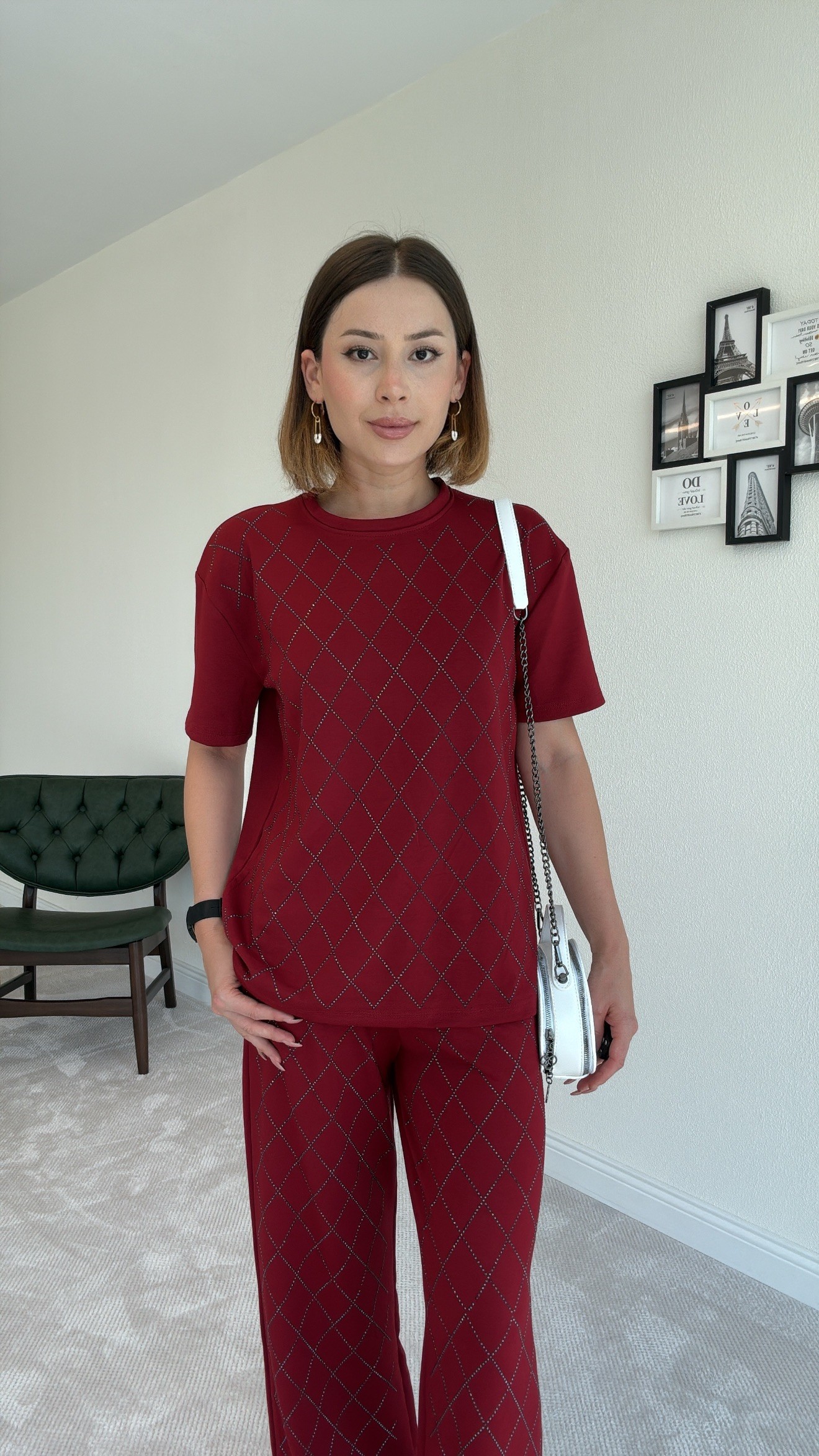 Desenli Taşlı Premium Takım - BORDO