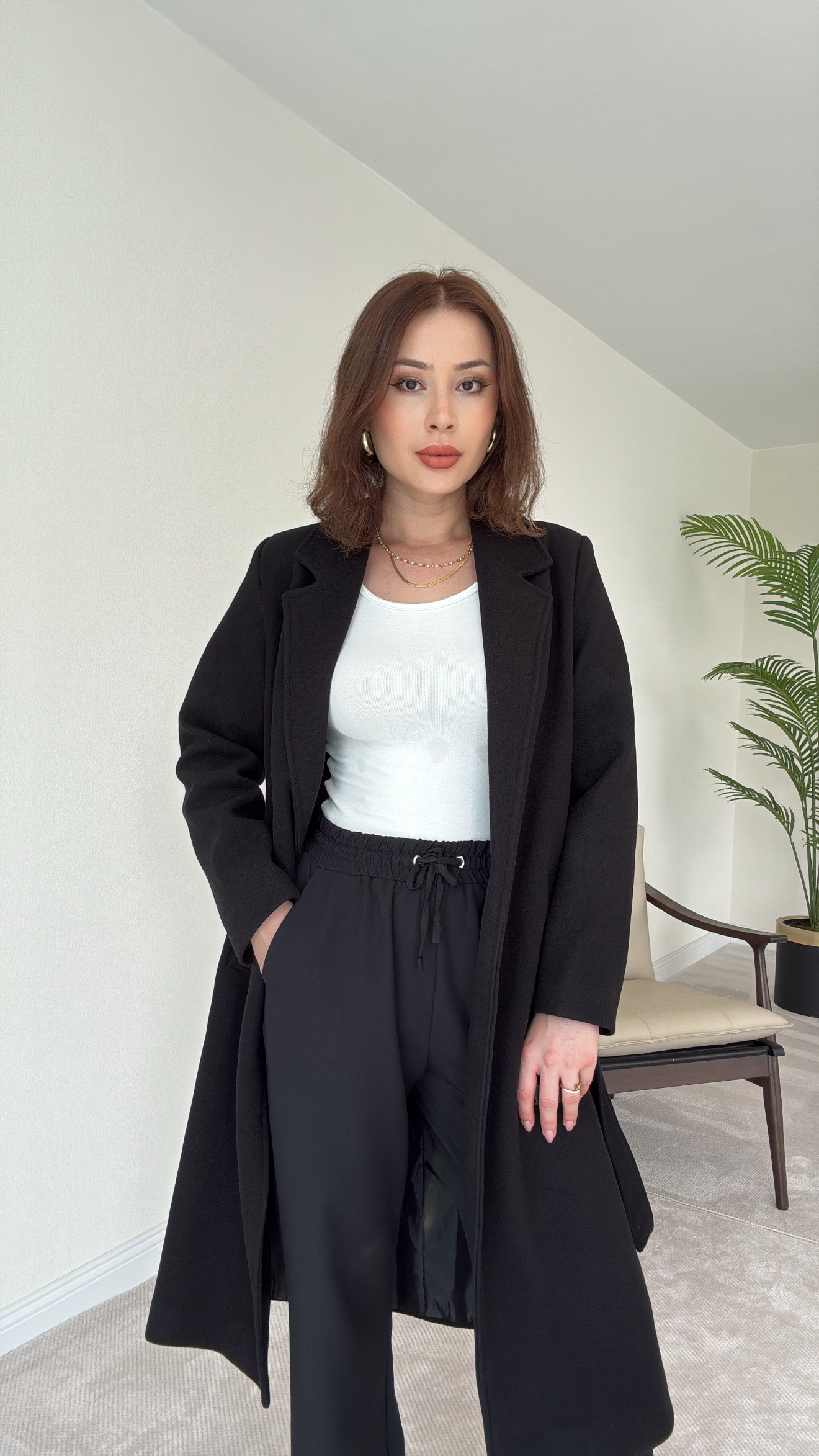 Astarlı Boyfriend Kaşe Kaban - SİYAH