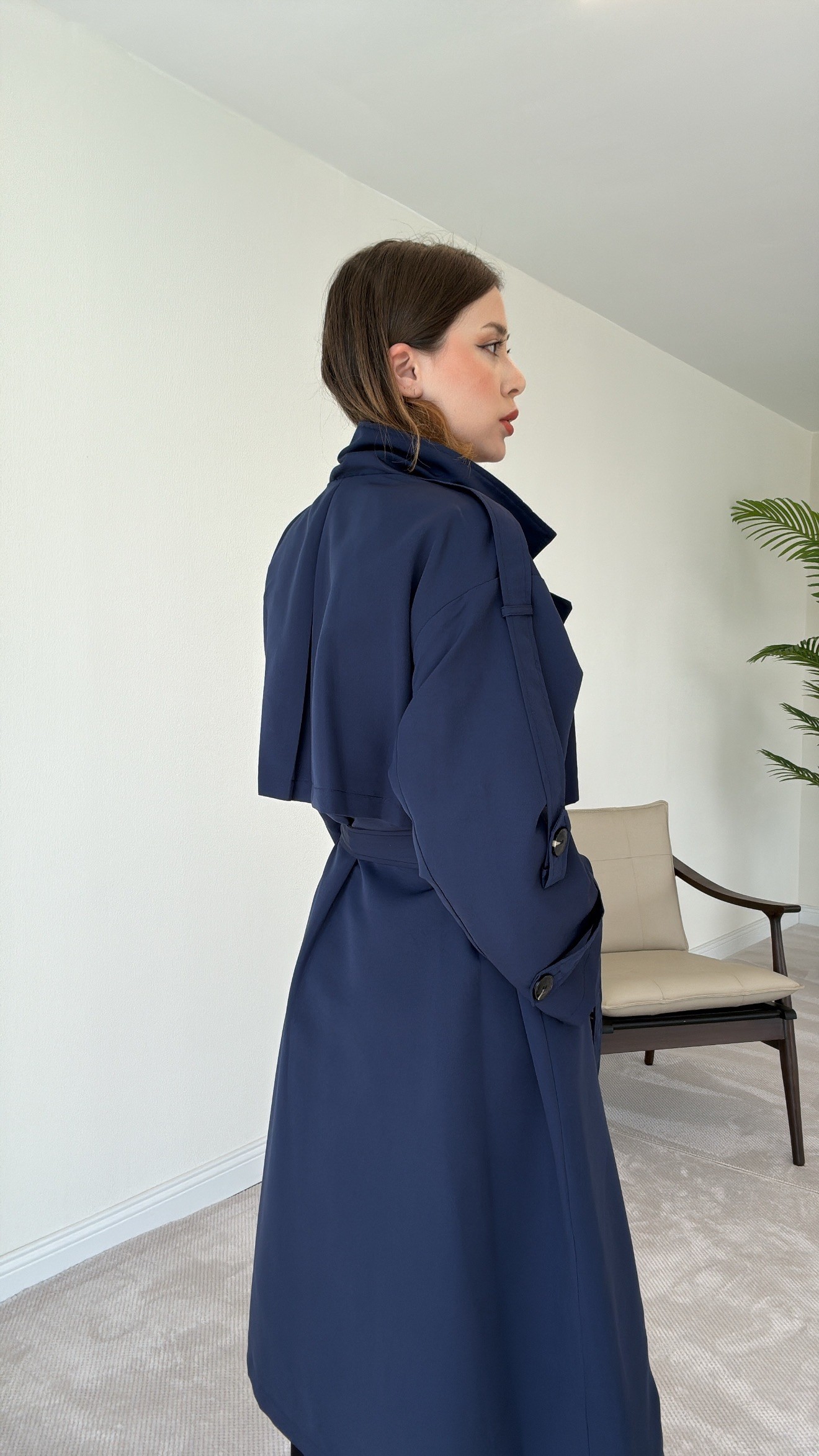 Premium Astarlı Oversize Trench Kot - LACİVERT
