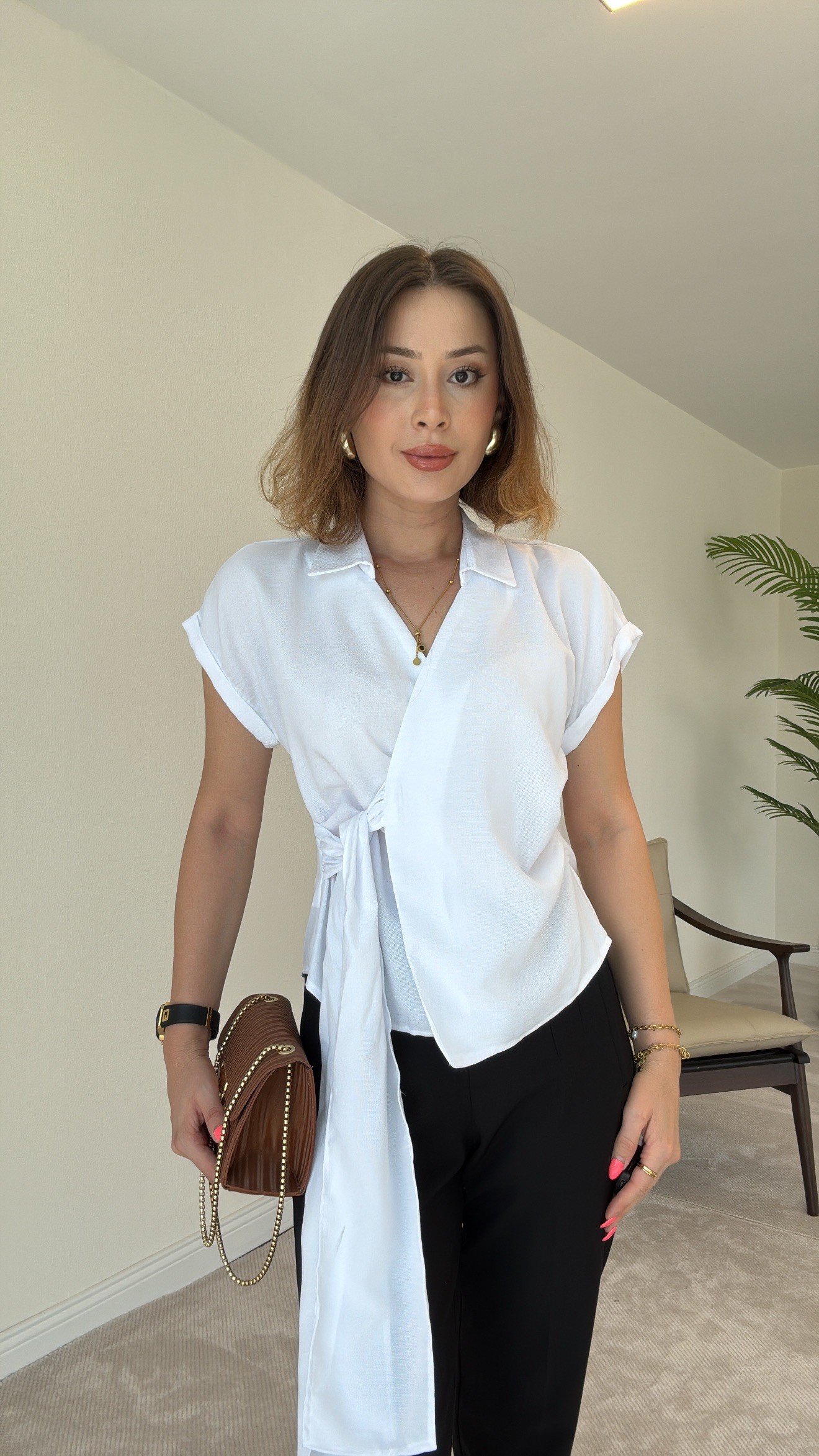 Kısa Kol Bağlamalı Keten Gömlek - EKRU