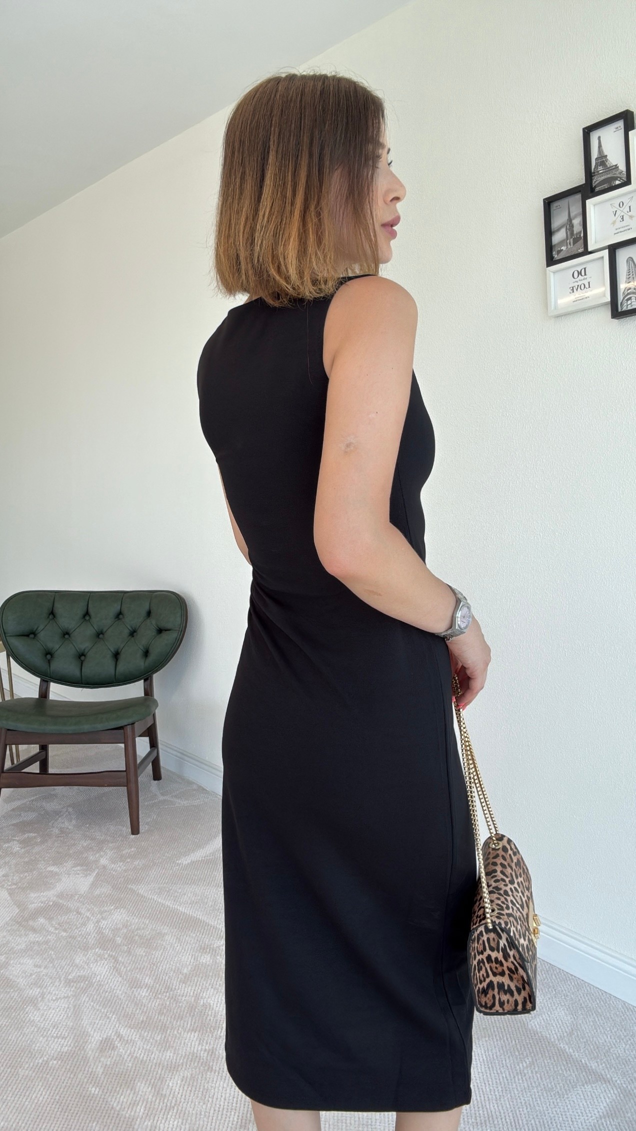 Drape Detaylı Midi Elbise - SİYAH