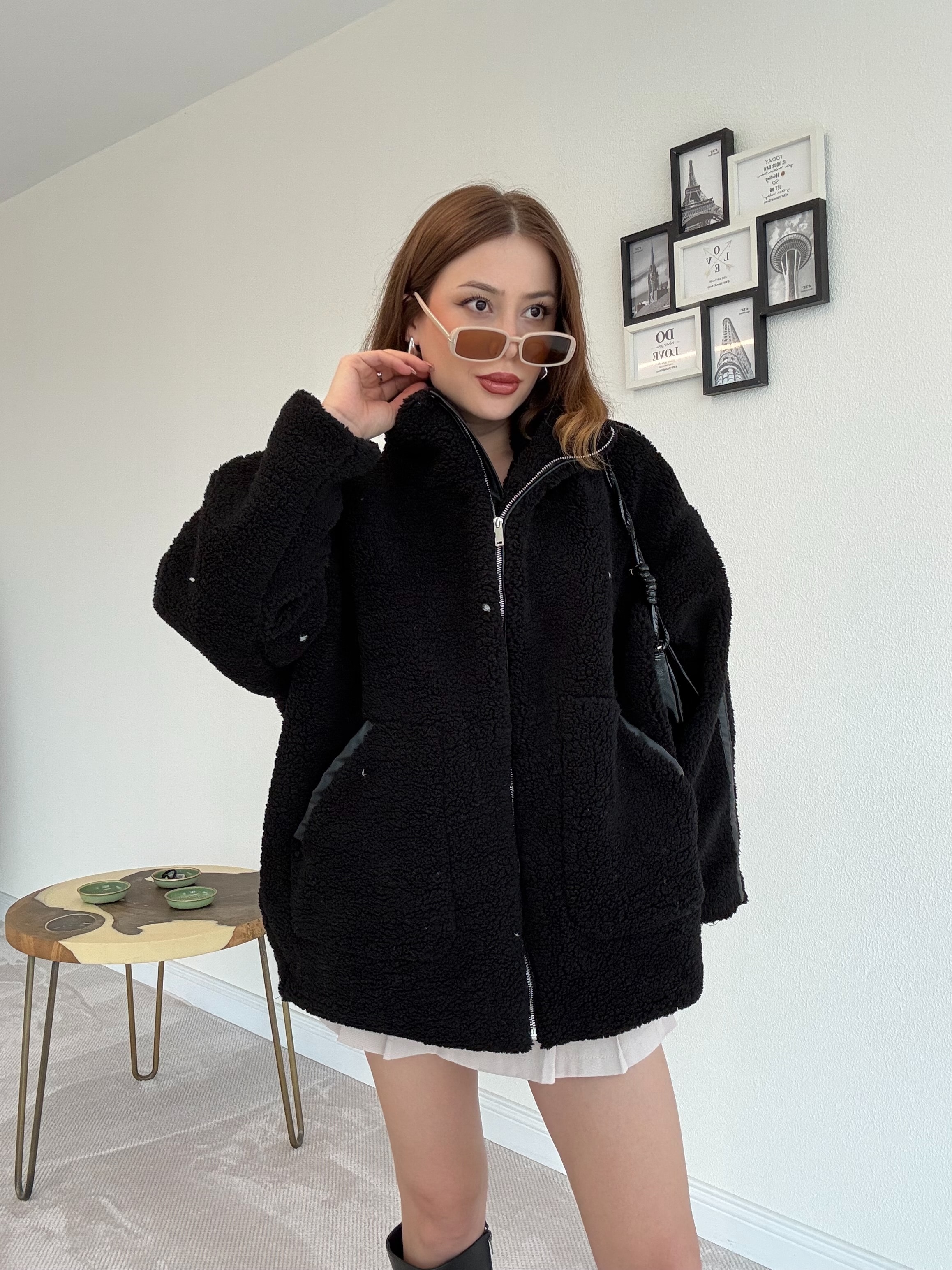 Oversize Peluş Mont - SİYAH