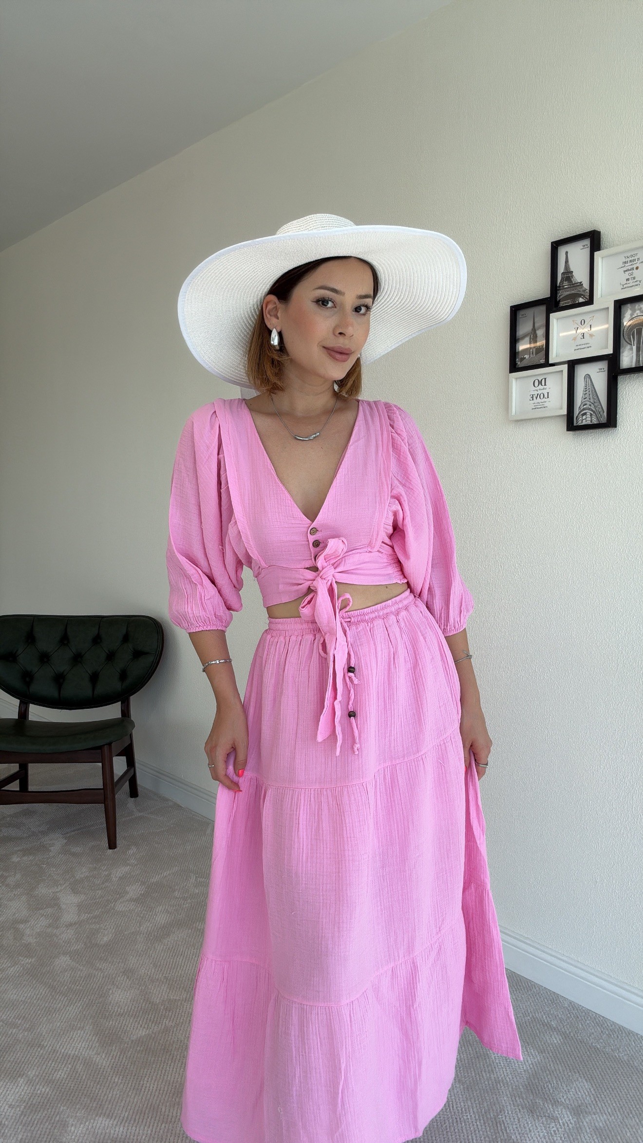 3 Düğme Bağlamalı Etekli Takım - PEMBE